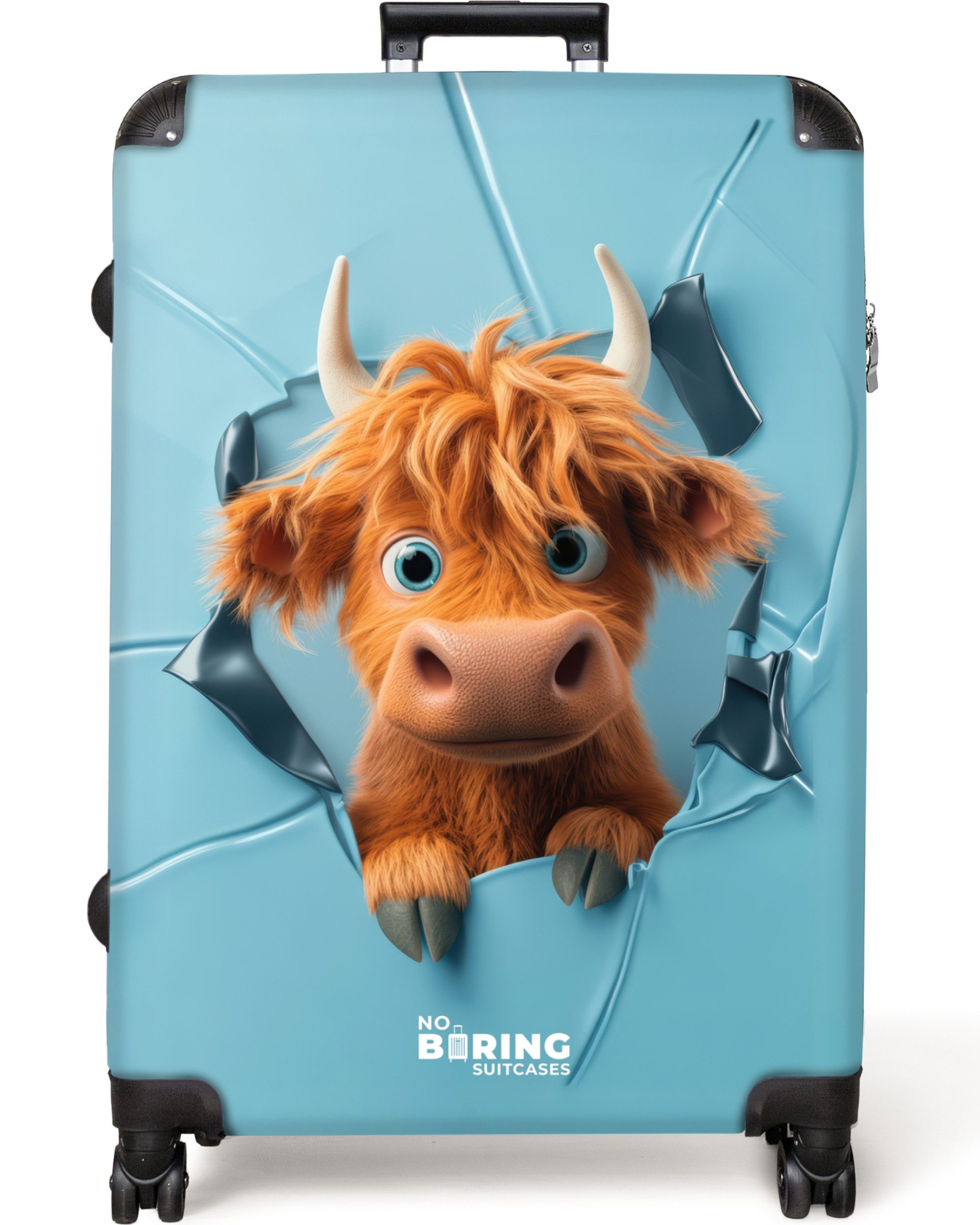 NoBoringSuitcases.com© Kinderkoffer Cartoonistische Kuh durchbricht Wand 77 cm - 98 L, 8 Rollen, Großer Reisetasche mit Rollen für 30kg, Kinderkoffer