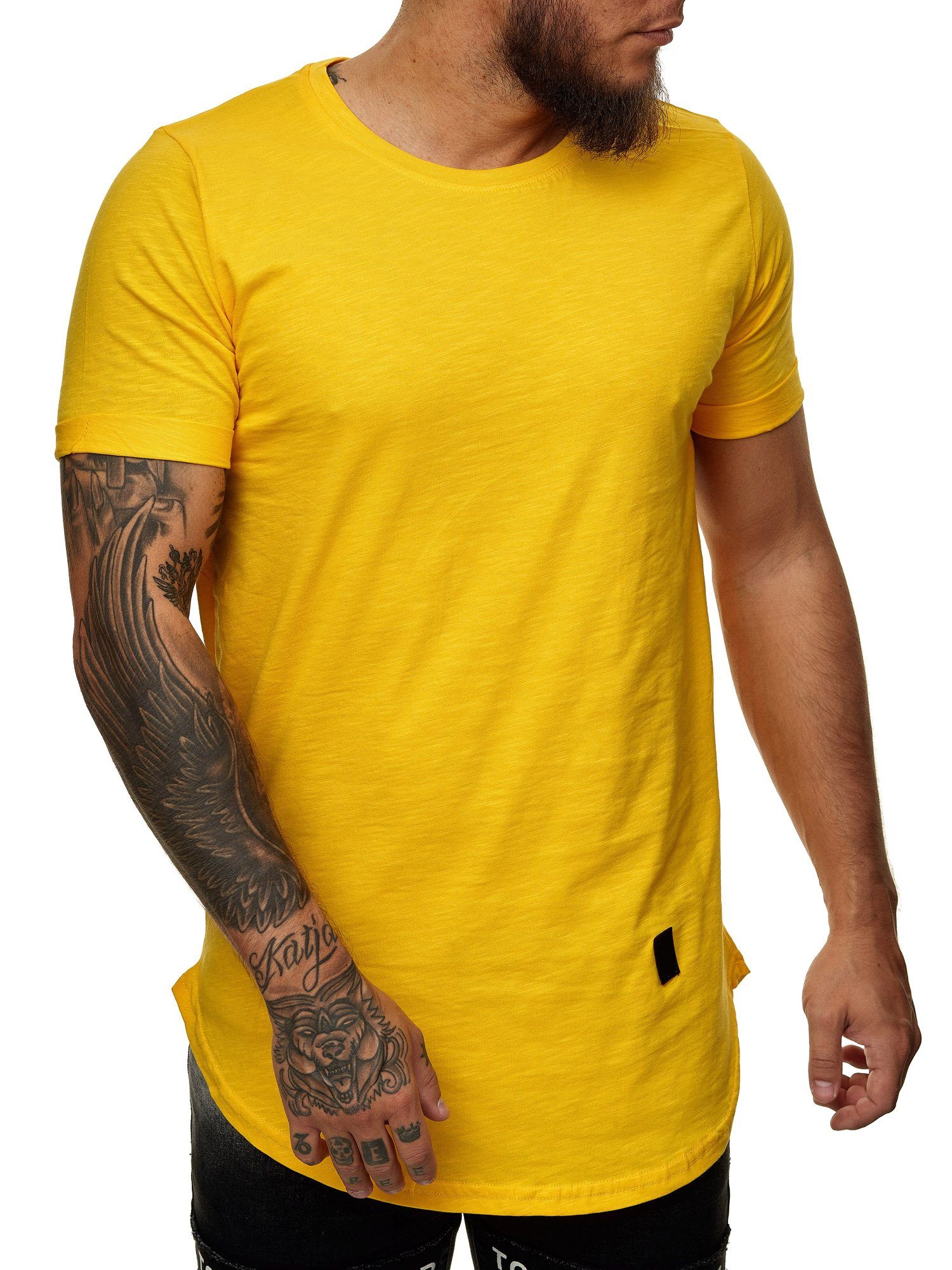 Shirt T-Shirt Vintage T-Shirt Round Neck Basic Zipper Herren Shirt (1-tlg) Oversize Gelb Code47