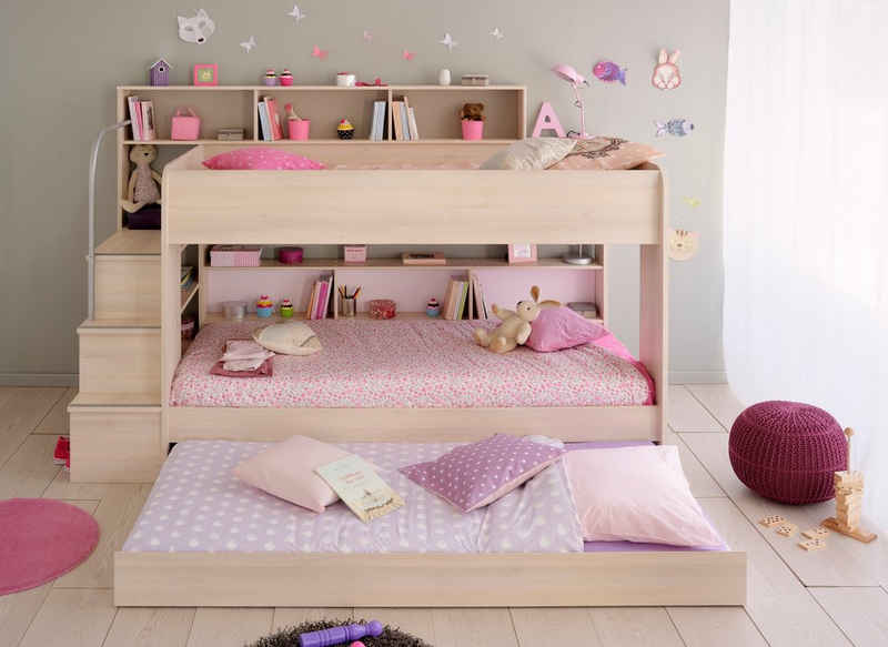 Faizee Möbel Etagenbett Bett Bibop 11 +Leiterpodest+Regalwand+Bettkasten+2Lattenrostplatten (5-St)
