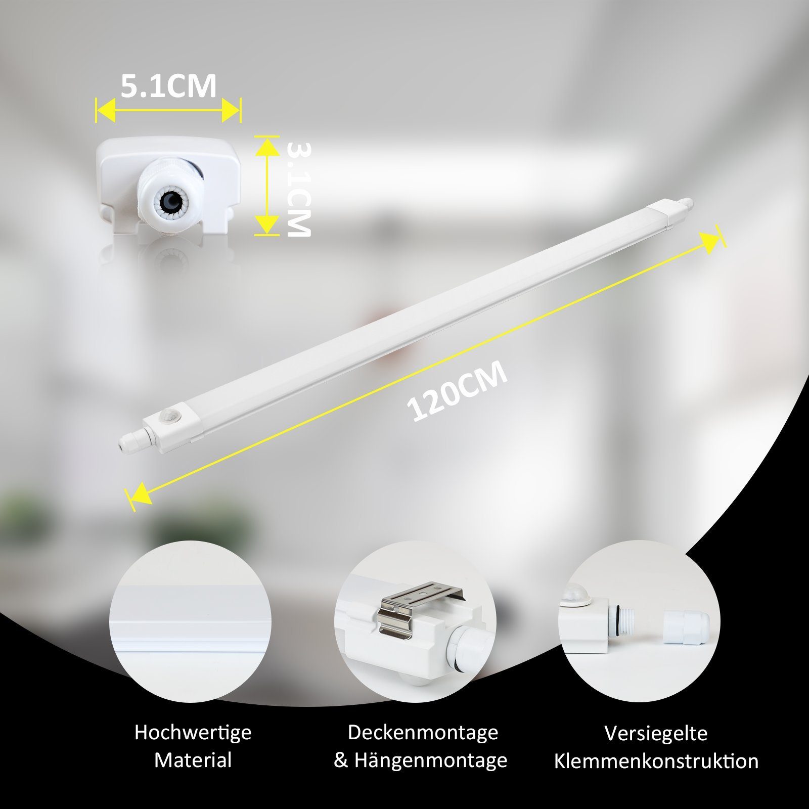 Materialien Bewegungsmelder LED-Lichtquelle, 120CM integriert, mit 36w, 4000k, LED Deckenleuchte LED Bewegungsmelder, Feuchtraumleuchte Bevorzugte ZMH fest