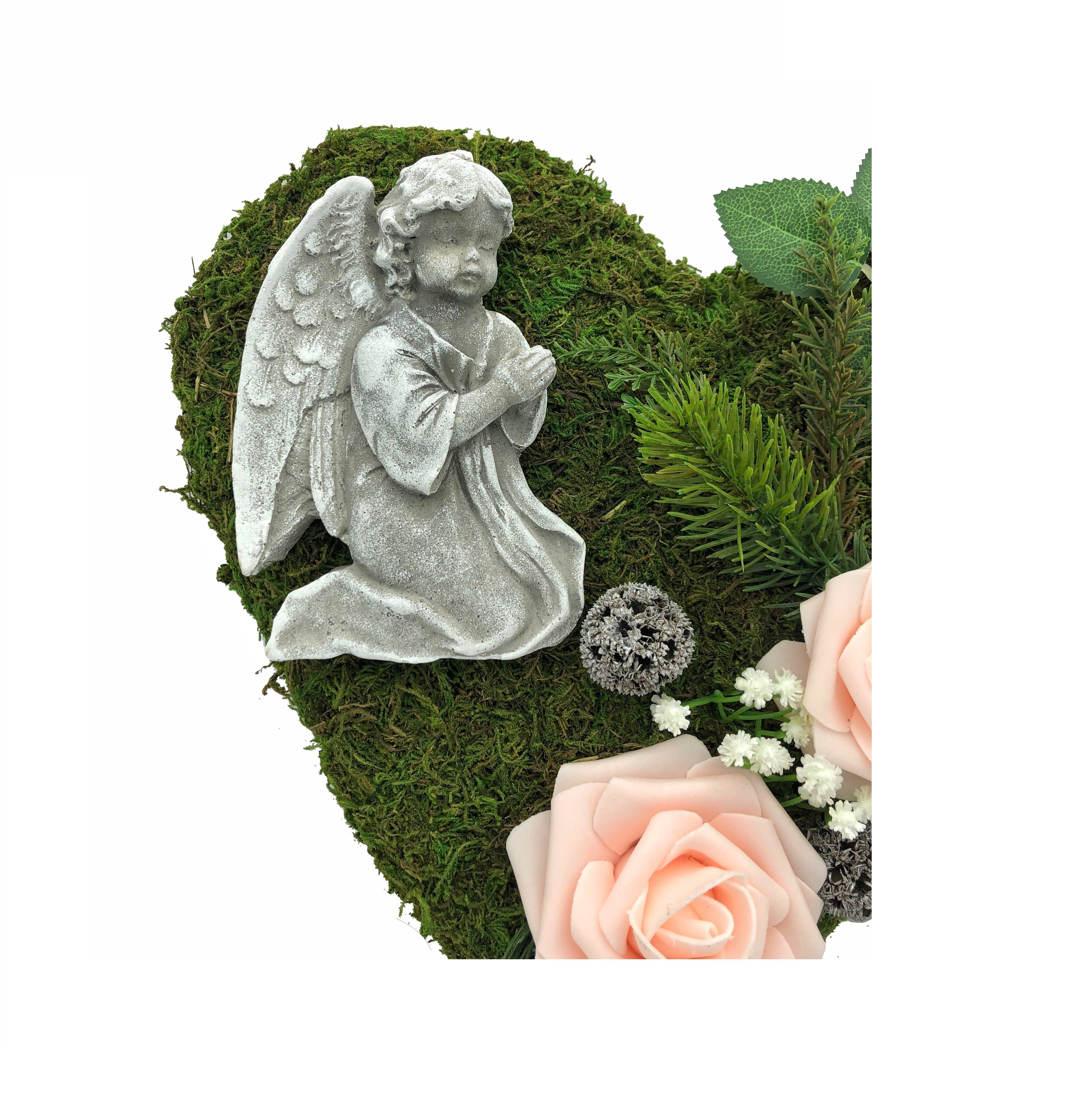 Radami Gartenfigur Grabgesteck Grabherz mit Engel 30cm 3 Rosen rosa günstig online kaufen