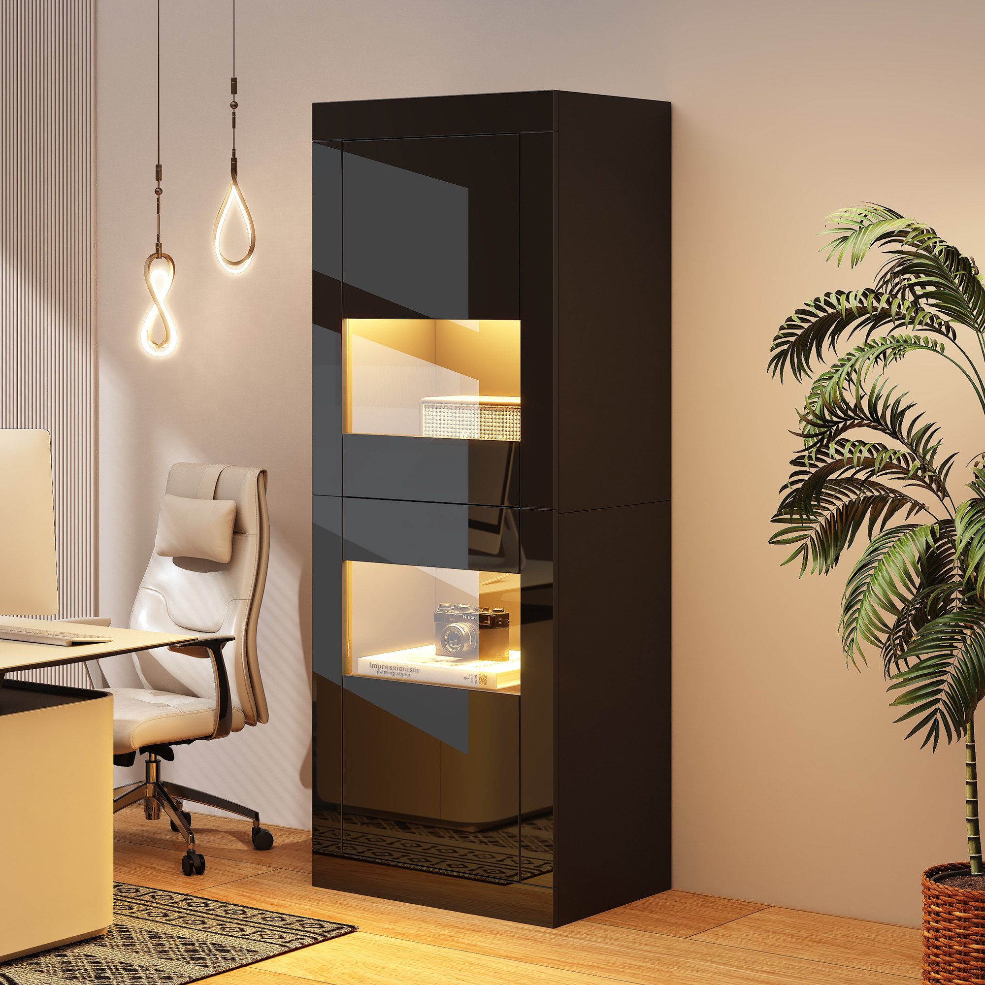 REDOM Vitrine Regal 61x42x162 cm in Hochglanz Schwarz mit LED-Beleuchtung (Packung, 1-St., Präsentiert auf 4 Fächern mit Glasboden) Elegante Vitrine mit LED-Beleuchtung