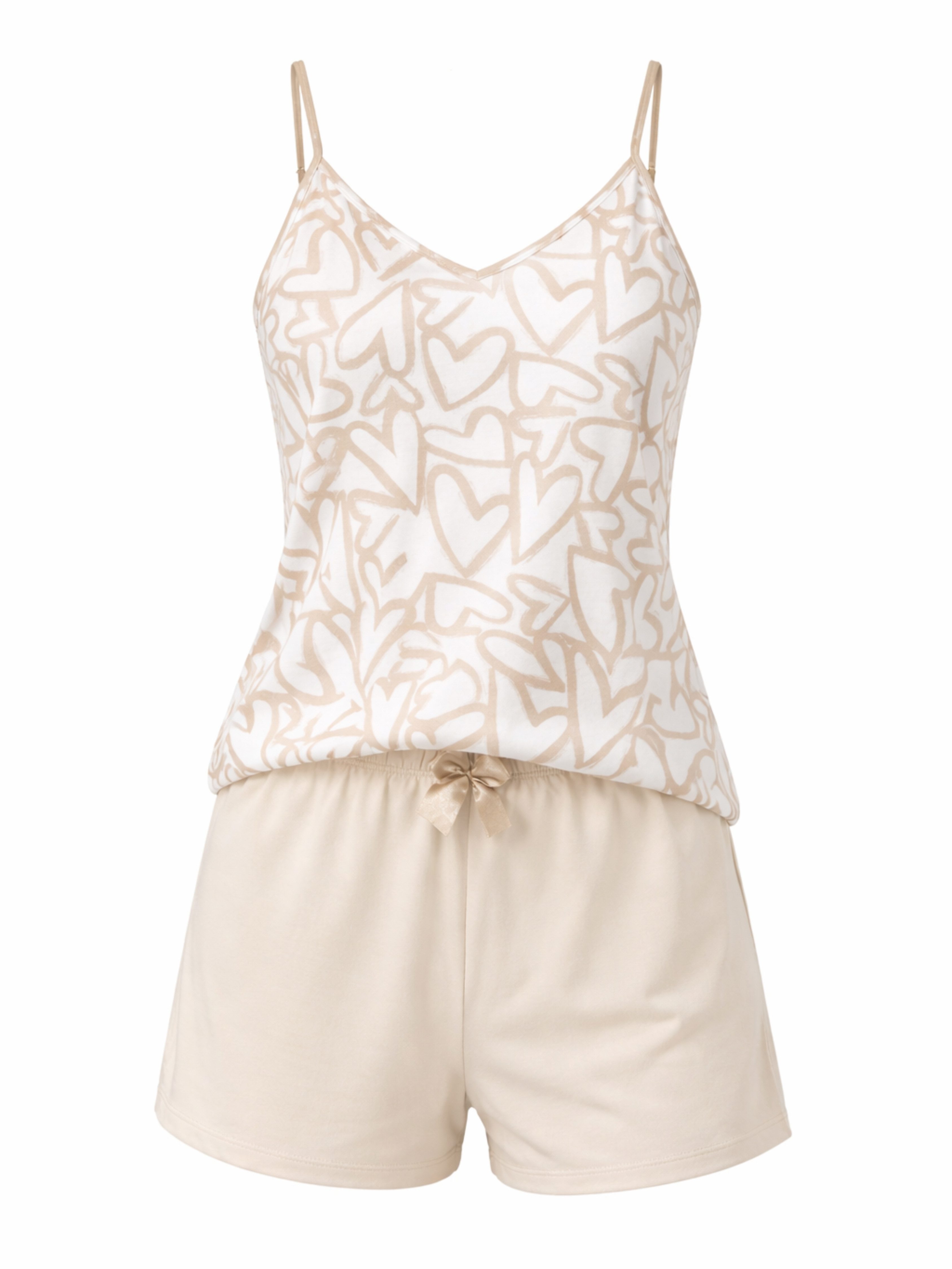 Donna Shorty Damen Pyjama-Set kurz mit Top (2 tlg) leichte Baumwoll Nachtwäsche, Sommer Schlafanzug Damen kurz Beige