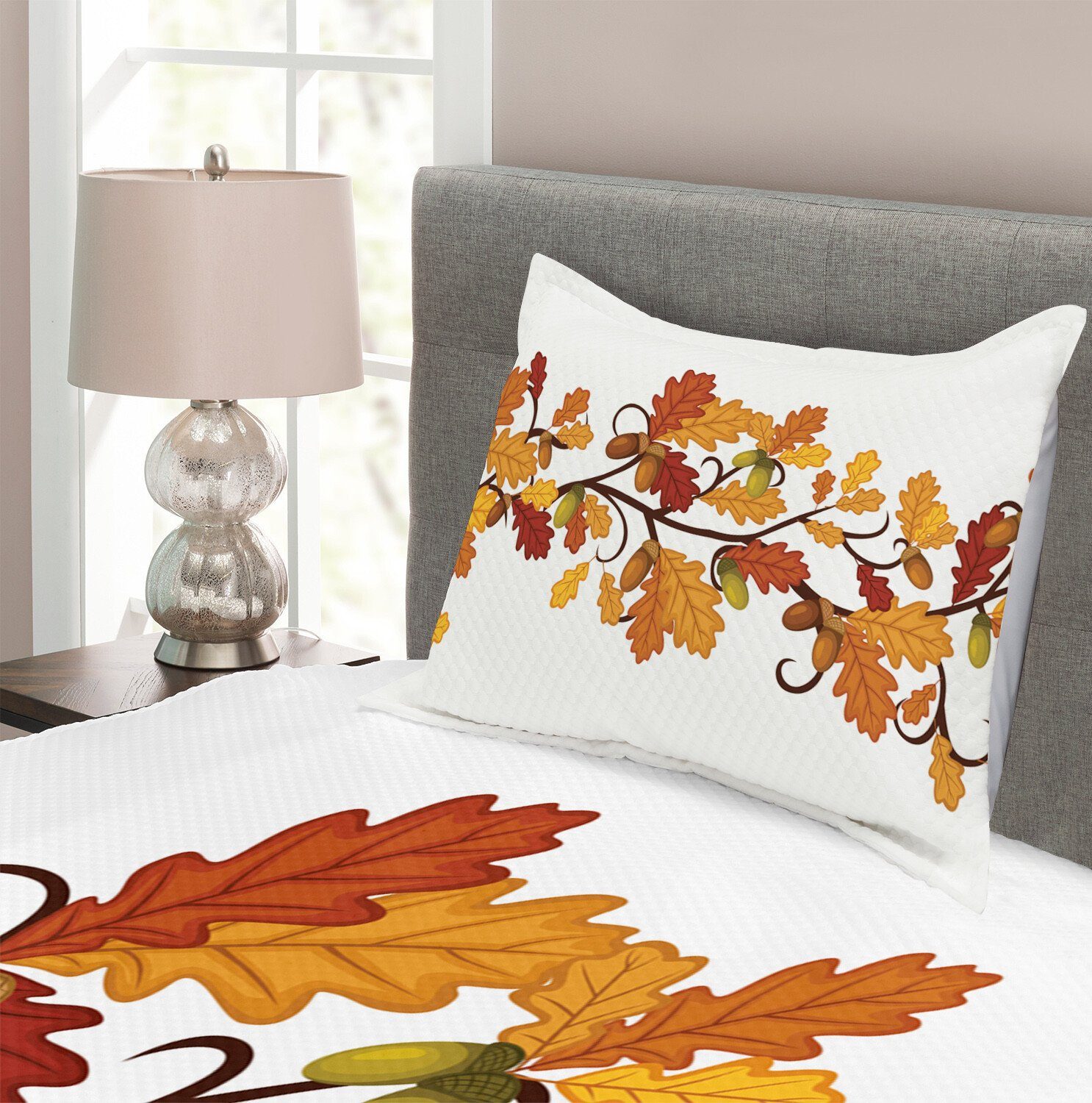 Abakuhaus, und Kissenbezügen Waschbar, Fallen Herbst-Eichen-Blätter Tagesdecke Set mit Eicheln