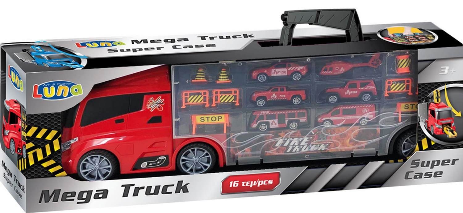 Diakakis Spielzeug-Feuerwehr Mega Truck LKW Tragekoffer 16-tlg Autos Helikopter