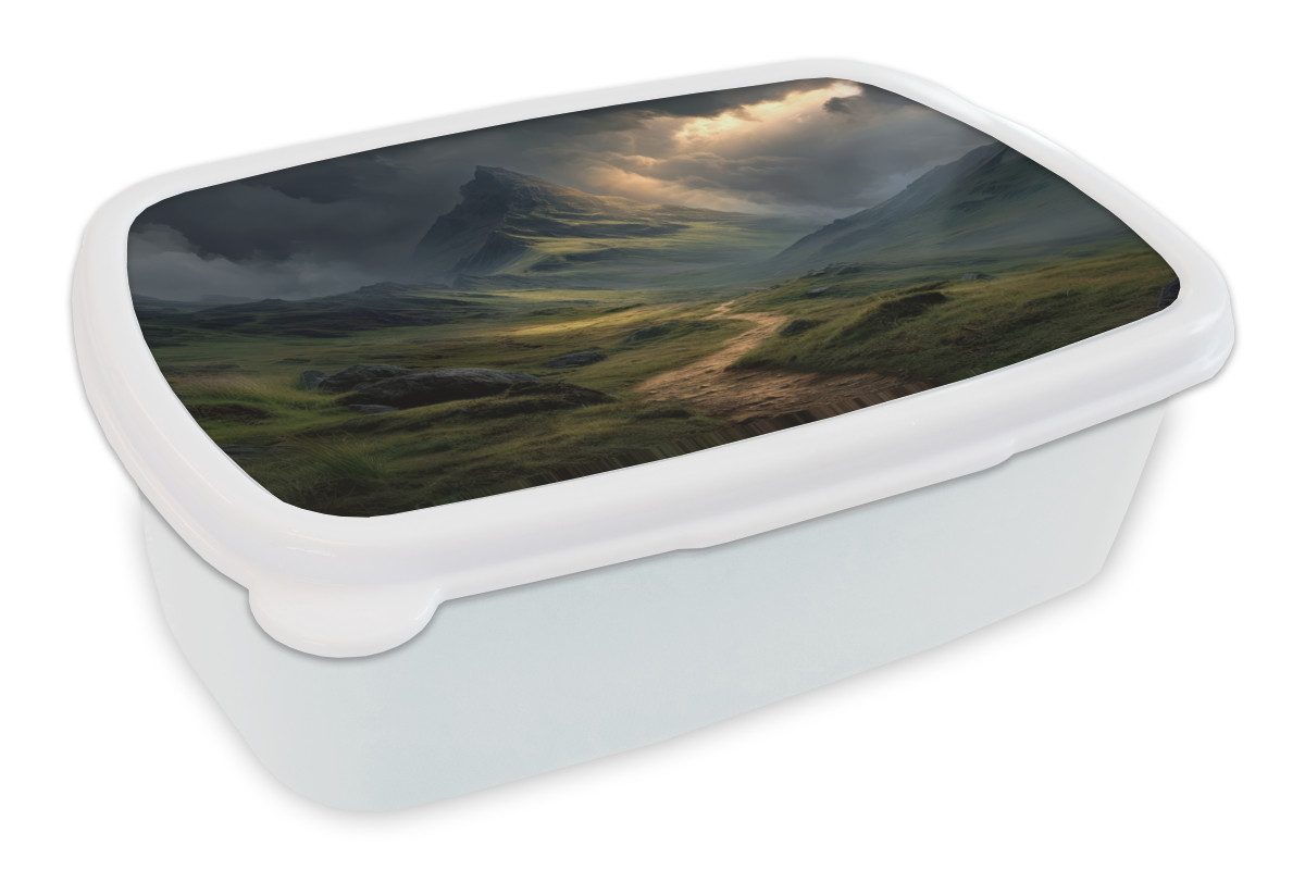 MuchoWow Lunchbox Berge - Gewundener Pfad - Grün - Wolken, Kunststoff, (2-tlg), Brotdose Schule oder Arbeit, Brotbox für Kinder und Erwachsene