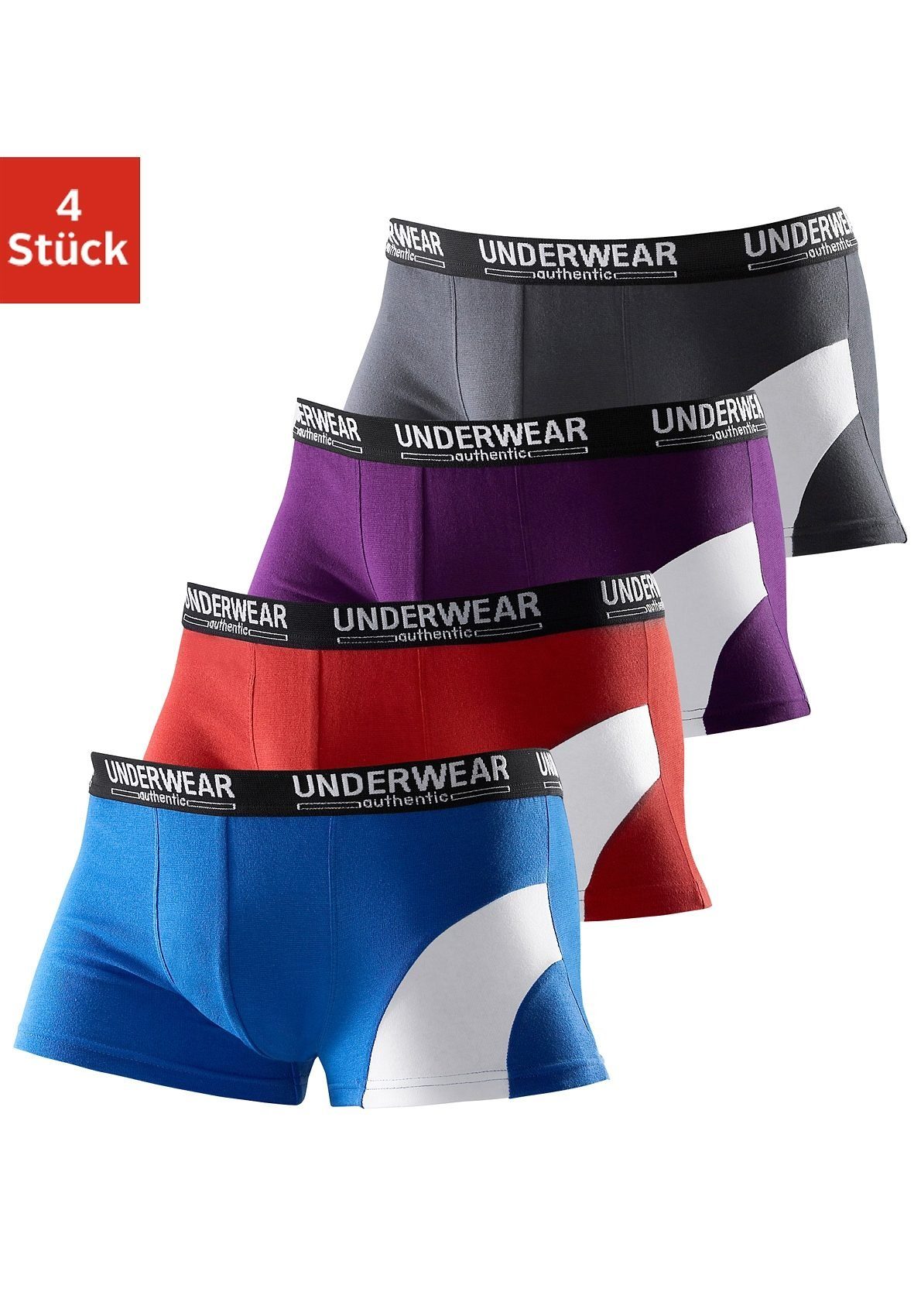 AUTHENTIC UNDERWEAR Boxershorts (Packung, 4-St) in Hipster-Form mit kontrastfarbenen Einsatz blau, rot, lila, grau