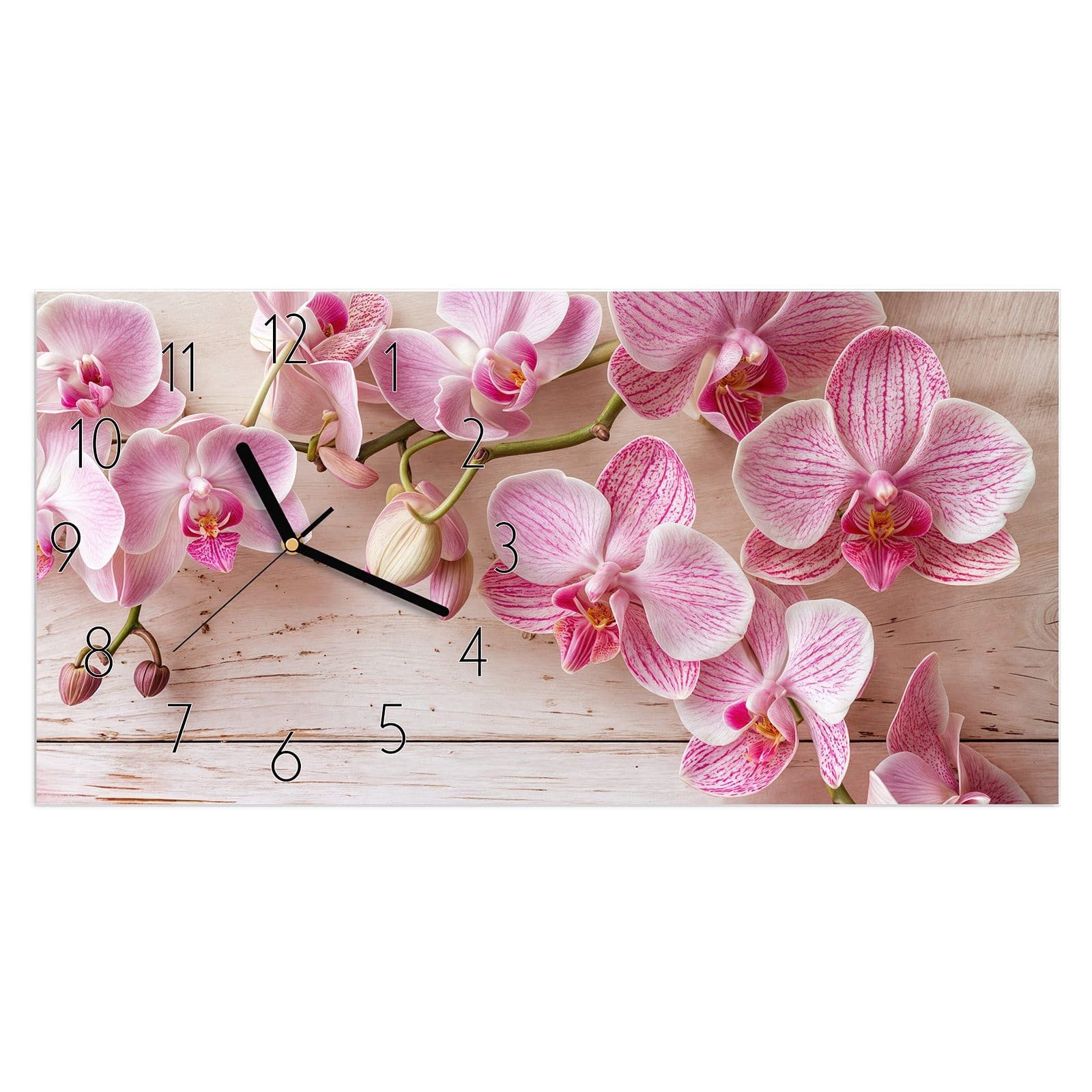 Wanduhr Glasuhr Wandkunst Größe 60 x 30 cm mit Motiv Orchideen_tabletop