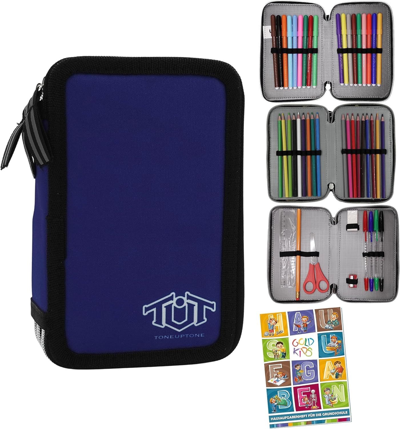 GOLDKIDS Federmäppchen Federmappe Federtasche XXL Schüleretui, (Federtasche Federpenal Schulmäppchen, 1-tlg., ToneUpTone dunkelblau schwarz 3), Fächer 45-teilig gefüllt inkl Hausaufgabenheft