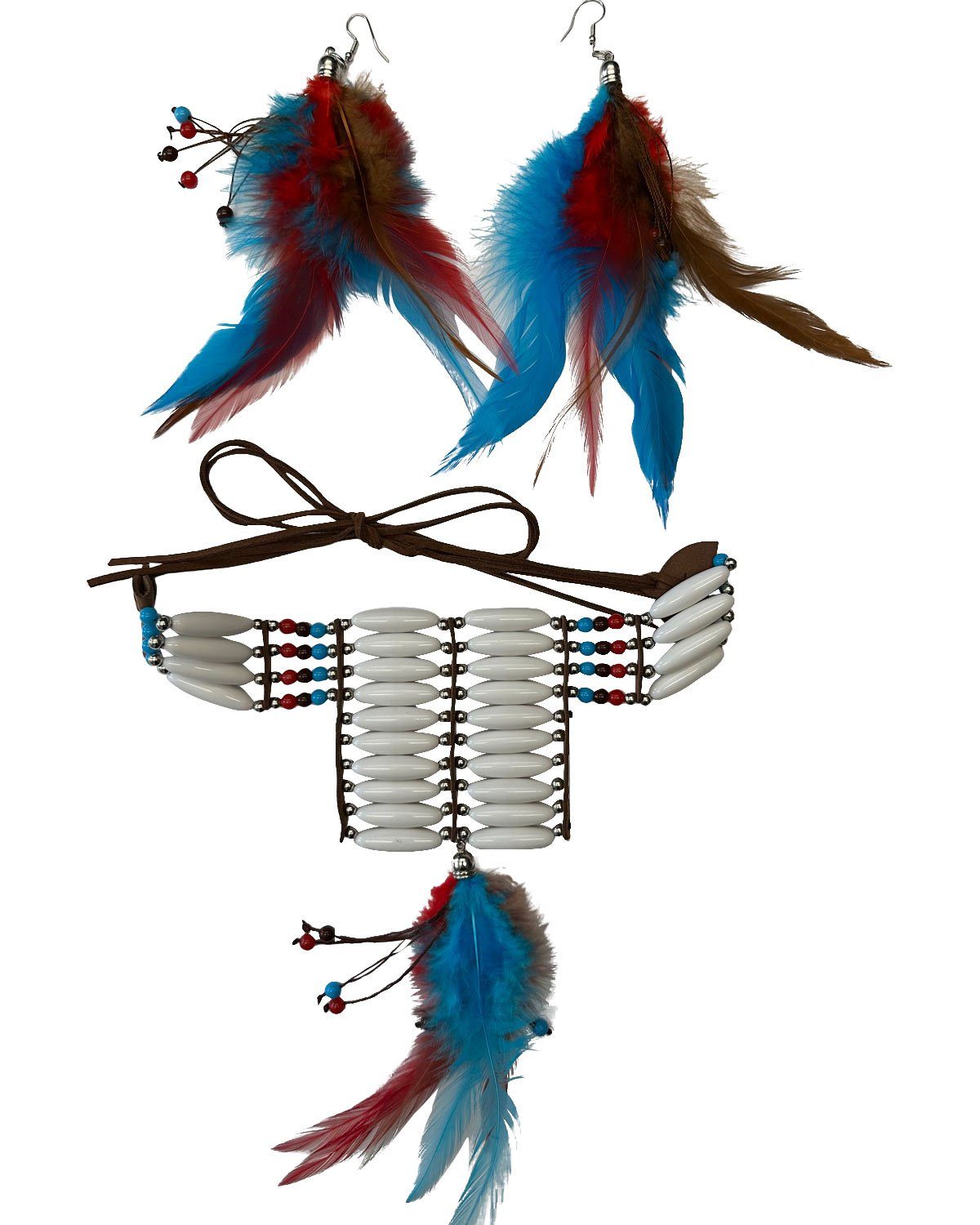 Das Kostümland Kostüm Feder Schmuck Set - Halskette und Ohrringe, Türki