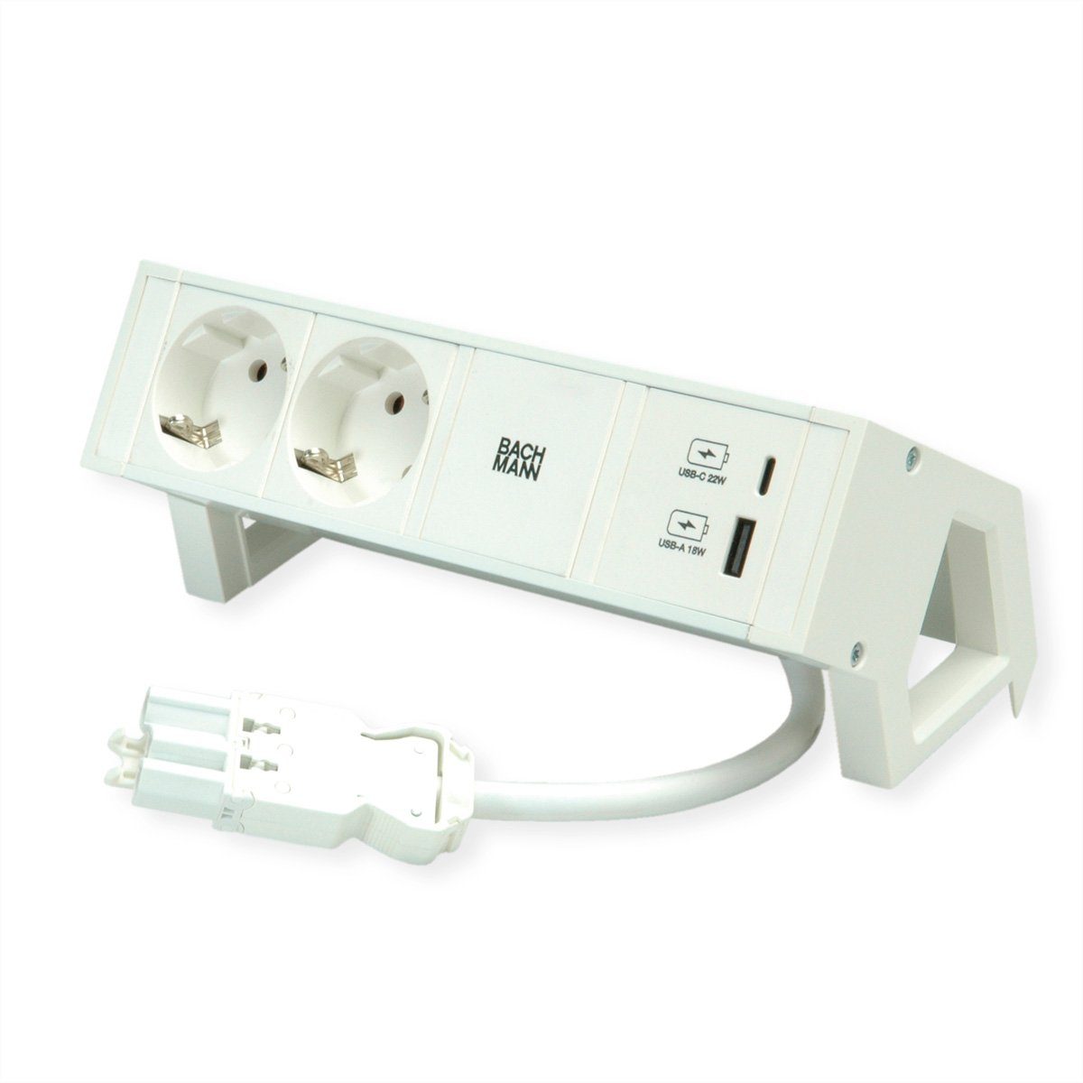 Bachmann DESK2 ALU WHITE 2x Schutzkontakt Steckdosenleiste (Kabellänge 0.2 m), USB Charger 22W A&C, 0,2m GST18
