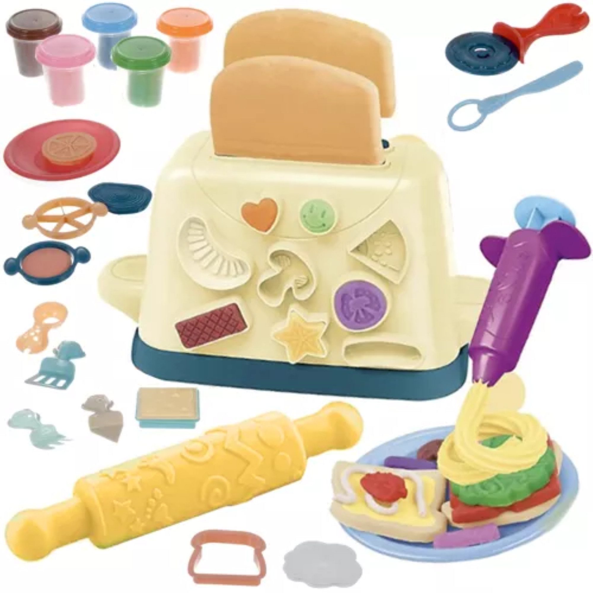 KRUZZEL Play-Doh Pasta Master Set: Entsafter-Spritze, Toaster, Kunststoffpasten & uvm. (Toaster Play-Doh-Set mit viel Zubehör, Toaster, Kunststoffpasten, vielfältiges Zubehör), Interaktiver Toaster, vielfältiges Zubehör bunte Kunststoffpasten