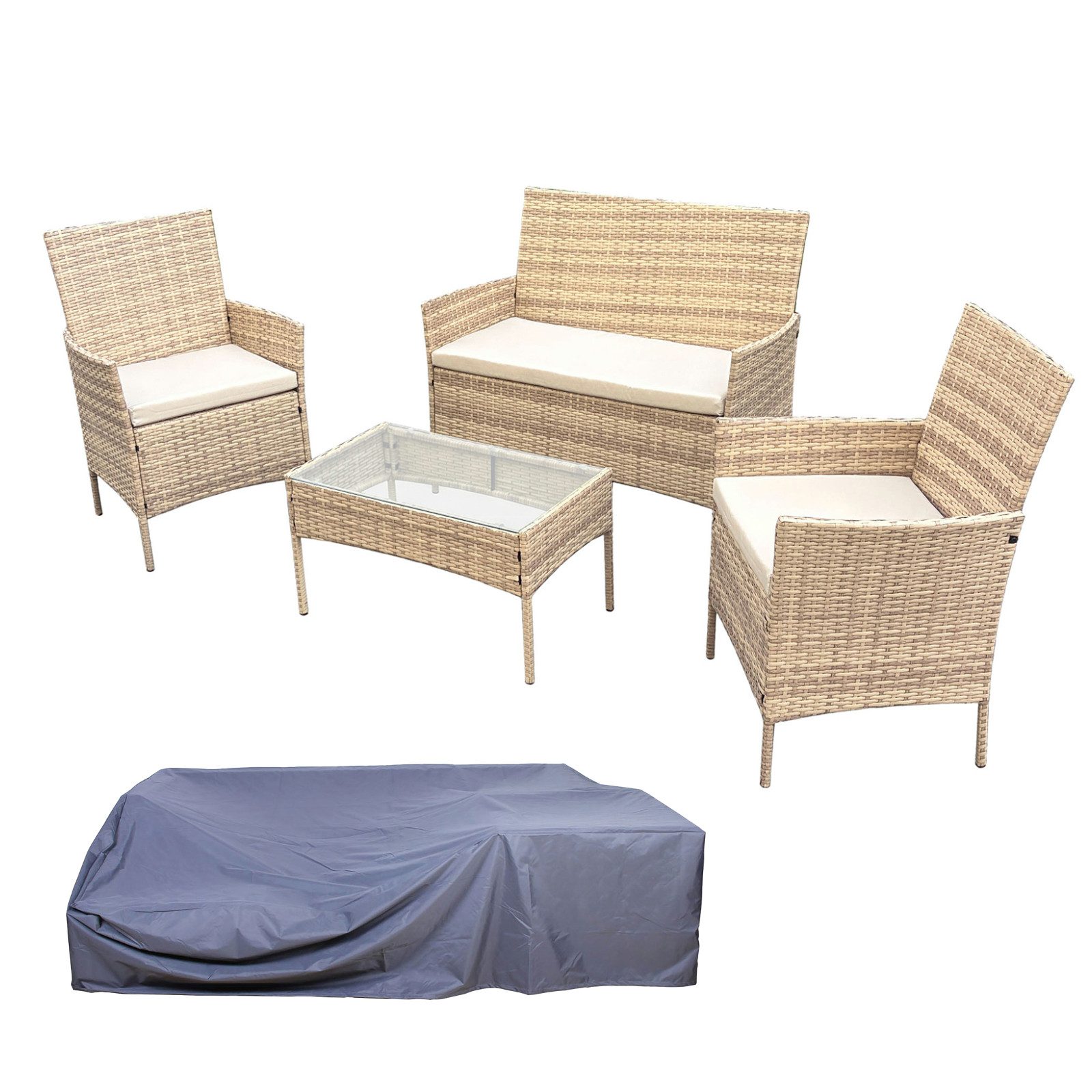 SVITA Sitzgruppe BROOKLYN, (Set, Gartenlounge mit Abdeckhaube), 4-teilig, Polyrattan Lounge Set, wetterfest, inkl. Kissen, Beige