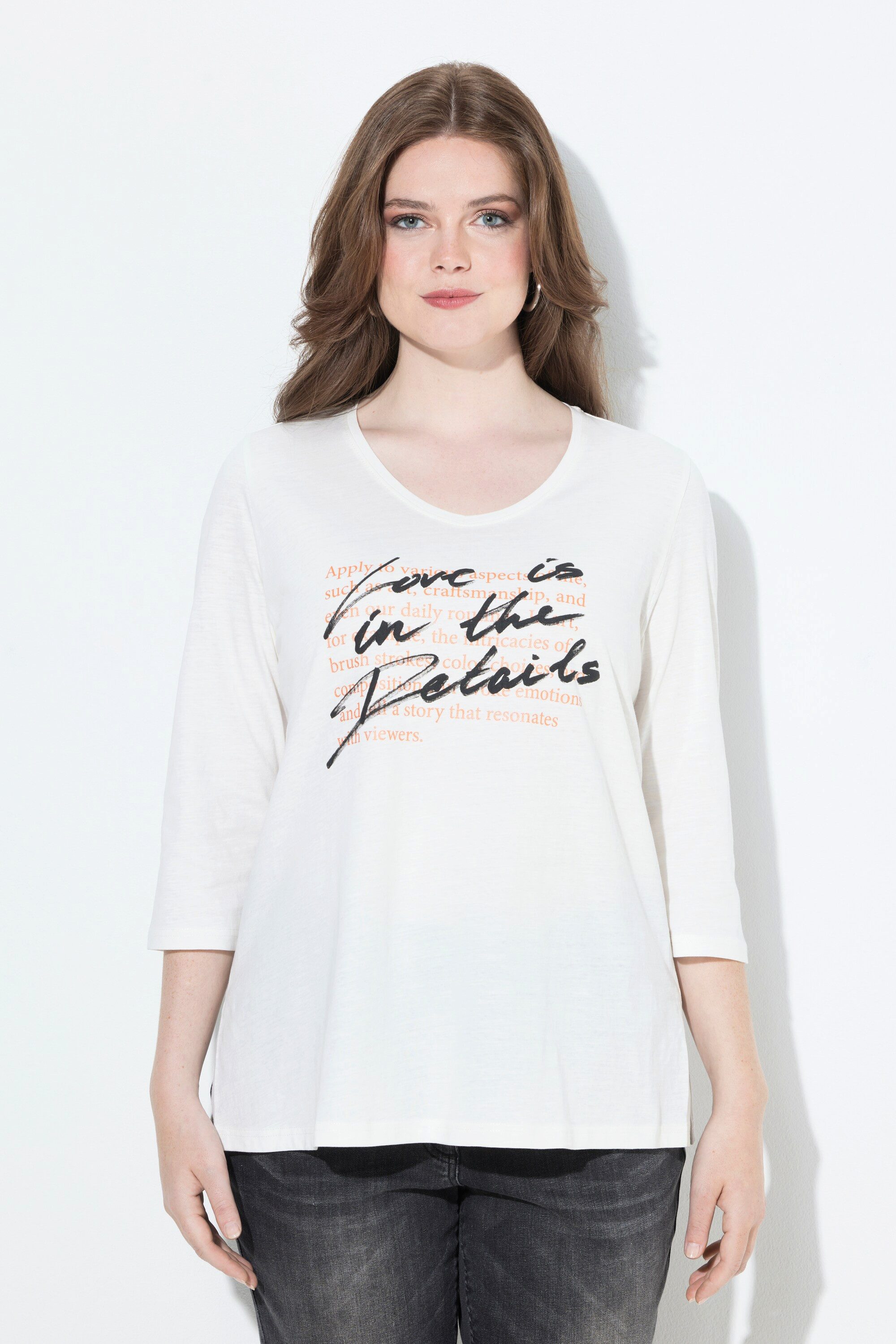 Longshirt Shirt Schriftdruck A-Linie V-Ausschnitt 3/4-Arm