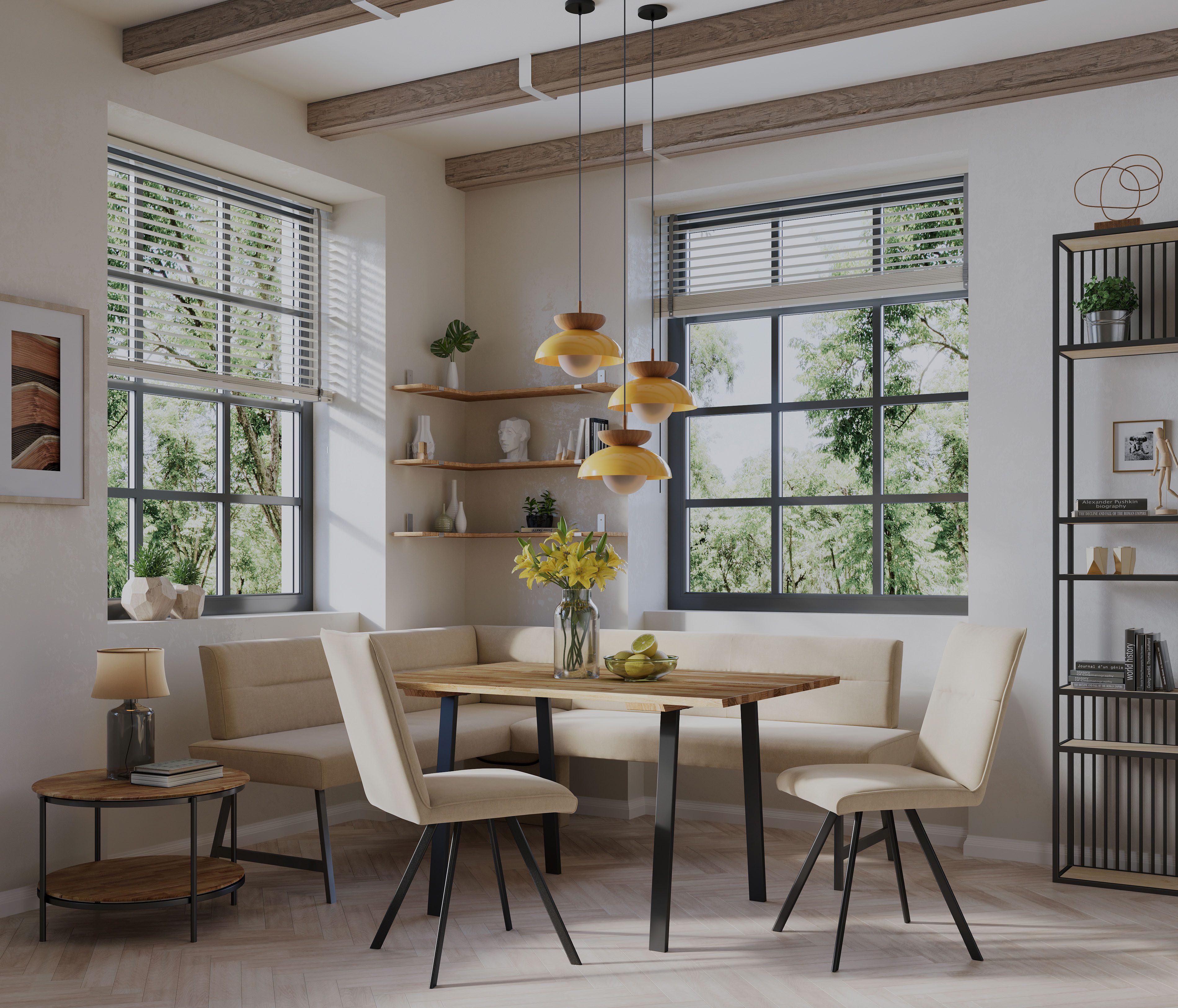 OTTO home Eckbankgruppe Sava, (Set, 4-tlg), Eckbank mit Wellenfederung im Sitz, Tisch Massiv Eiche