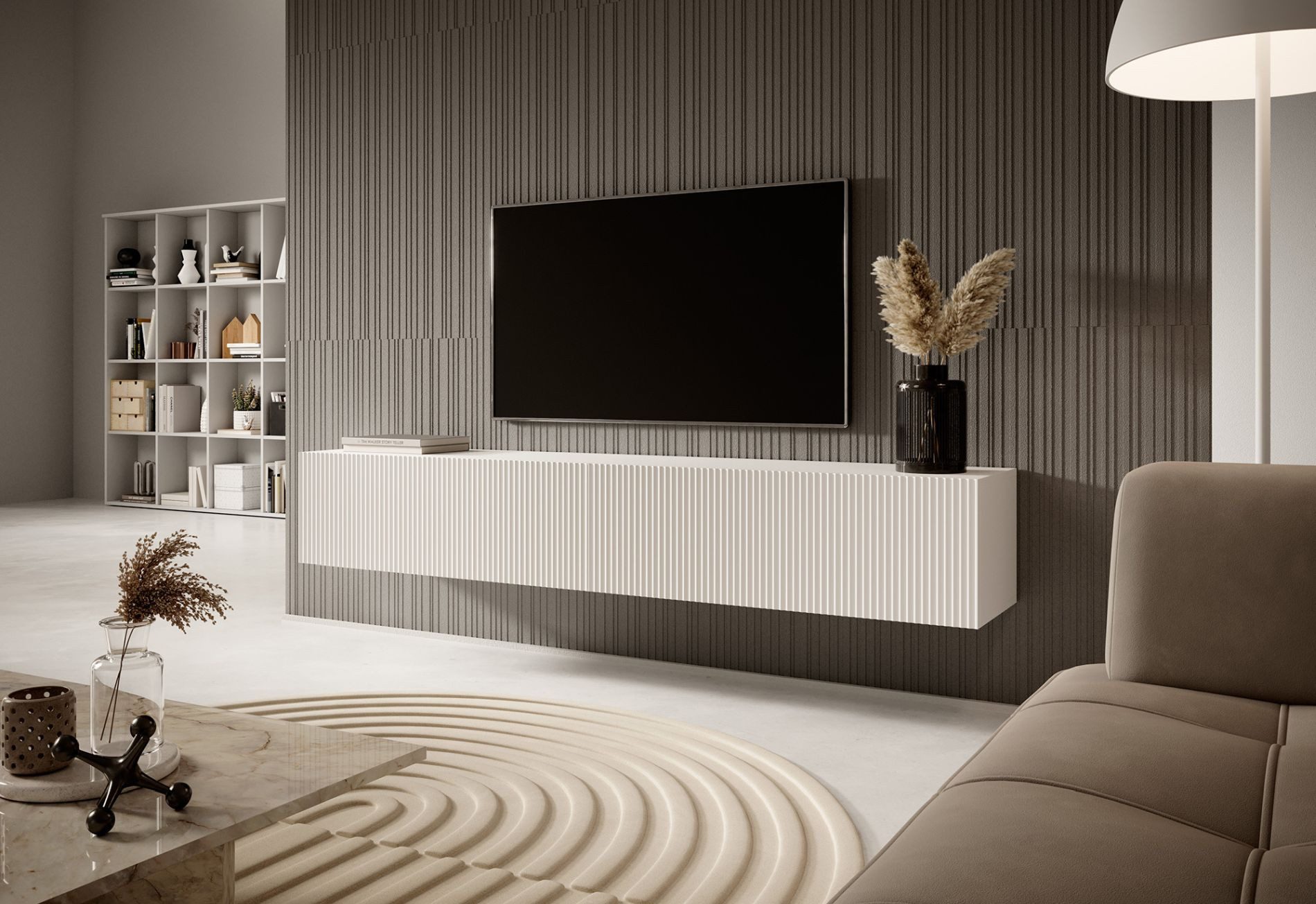 Selsey TV-Schrank VELDIO 2 grifflose, geriffelte Türen, nach unten öffnend, 175x30x31,6 cm