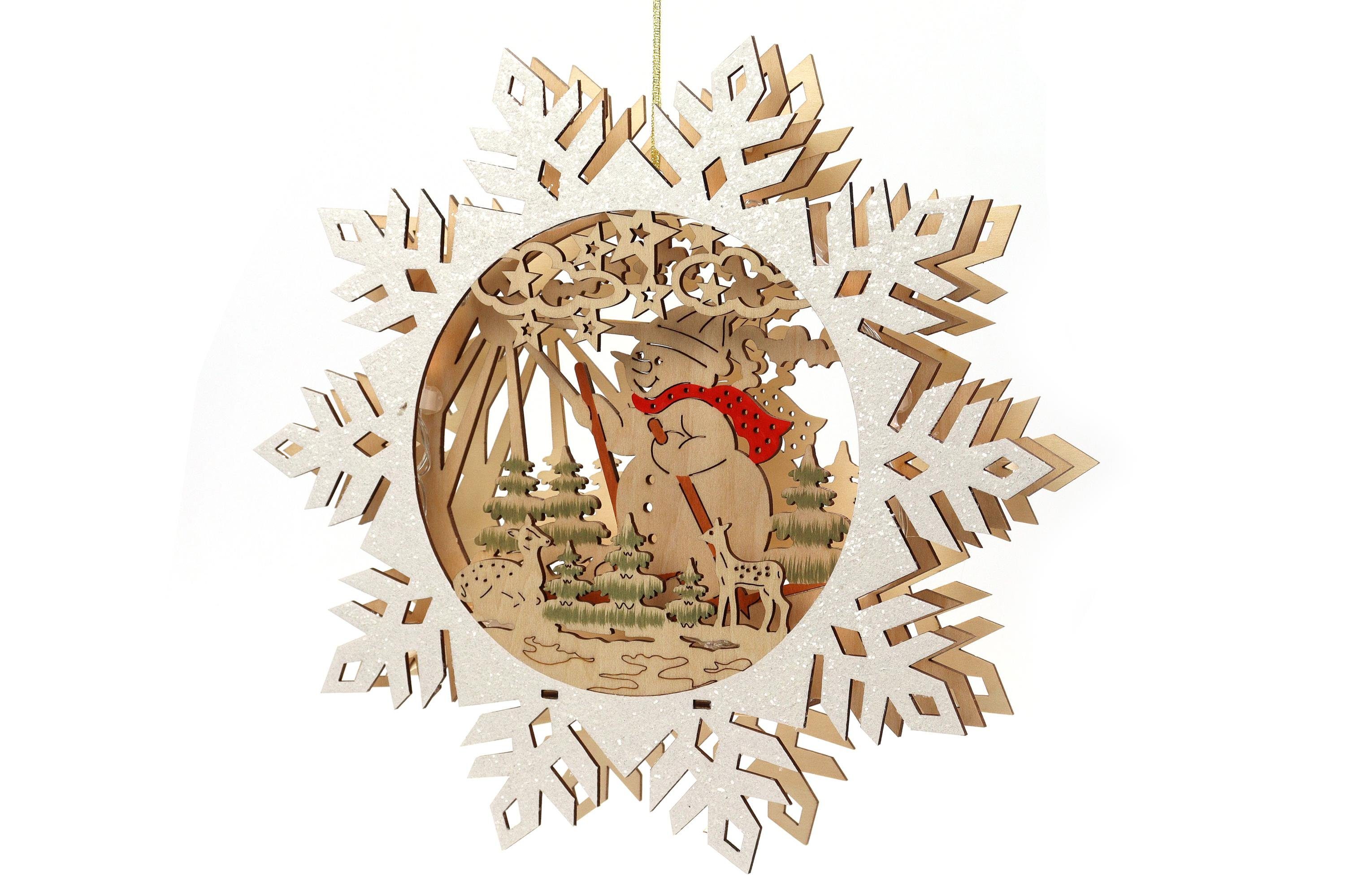 ELLUG Schwibbogen 3D Schwibbogen Lichterbogen Holzschnitt Schneeflocke 29*6*27,5cm, aufhängbar, Licht, batteriebetrieben, Timer