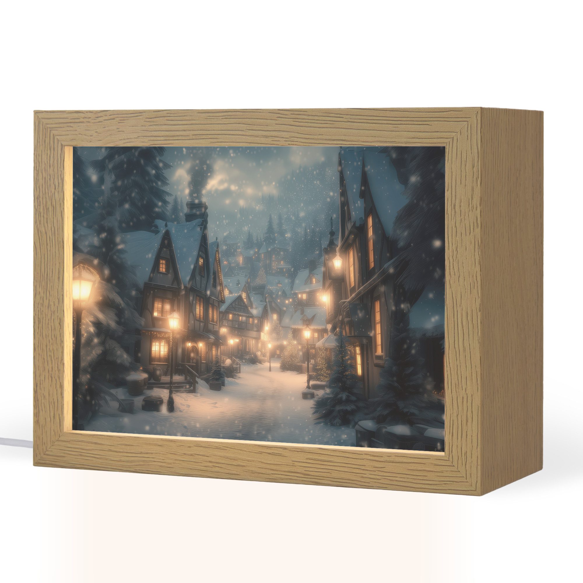 OnlyWow Tischleuchte Lightbox Winterdorf - Schnee - Dunkelheit, Dimmbar, Farbwechsel, LED, Warmweiß, Kaltweiß, Neutralweiß Einstellbar, Tischlampe, Schreibtischlampe, Desk, Dimmbar, mit Kabel, LED