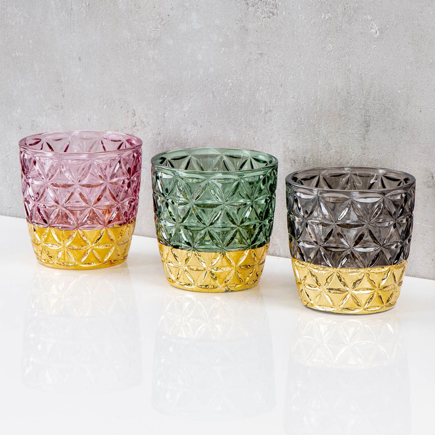 Levandeo® Teelichthalter, 3er Set Teelichthalter Glas Rosa Grün Grau H9cm Kerzenglas Retro