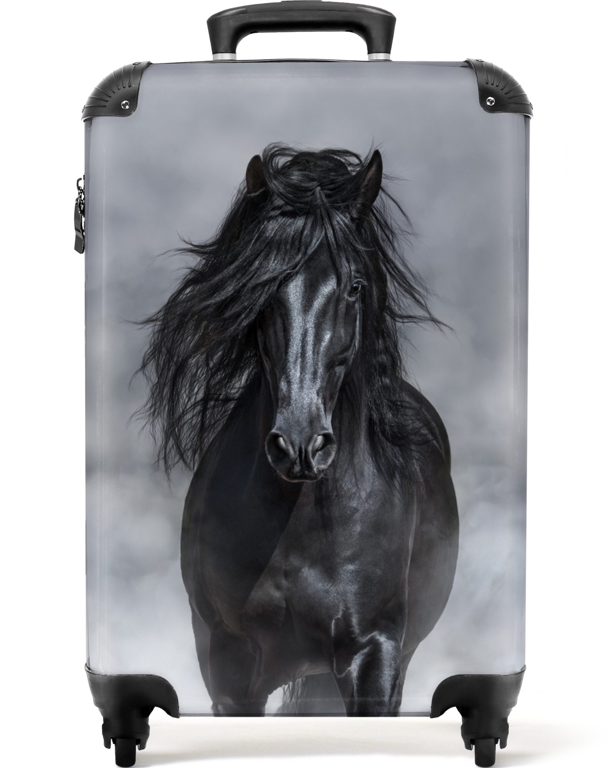 NoBoringSuitcases.com© Hartschalen-Trolley Pferd - Schwarz - Kind - Porträt 55x35x20cm, 4 Rollen, Kinder Koffer Klein, Trolley Handgepäck, Reisekoffer