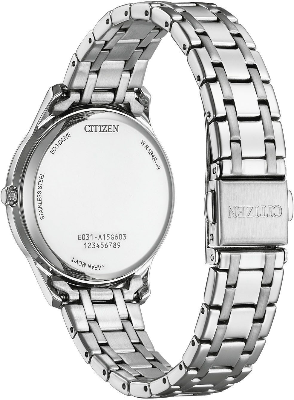 Citizen Solaruhr EM0411-71A, Armbanduhr, Damenuhr, Edelstahlarmband, Batterie-Entladungsanzeige