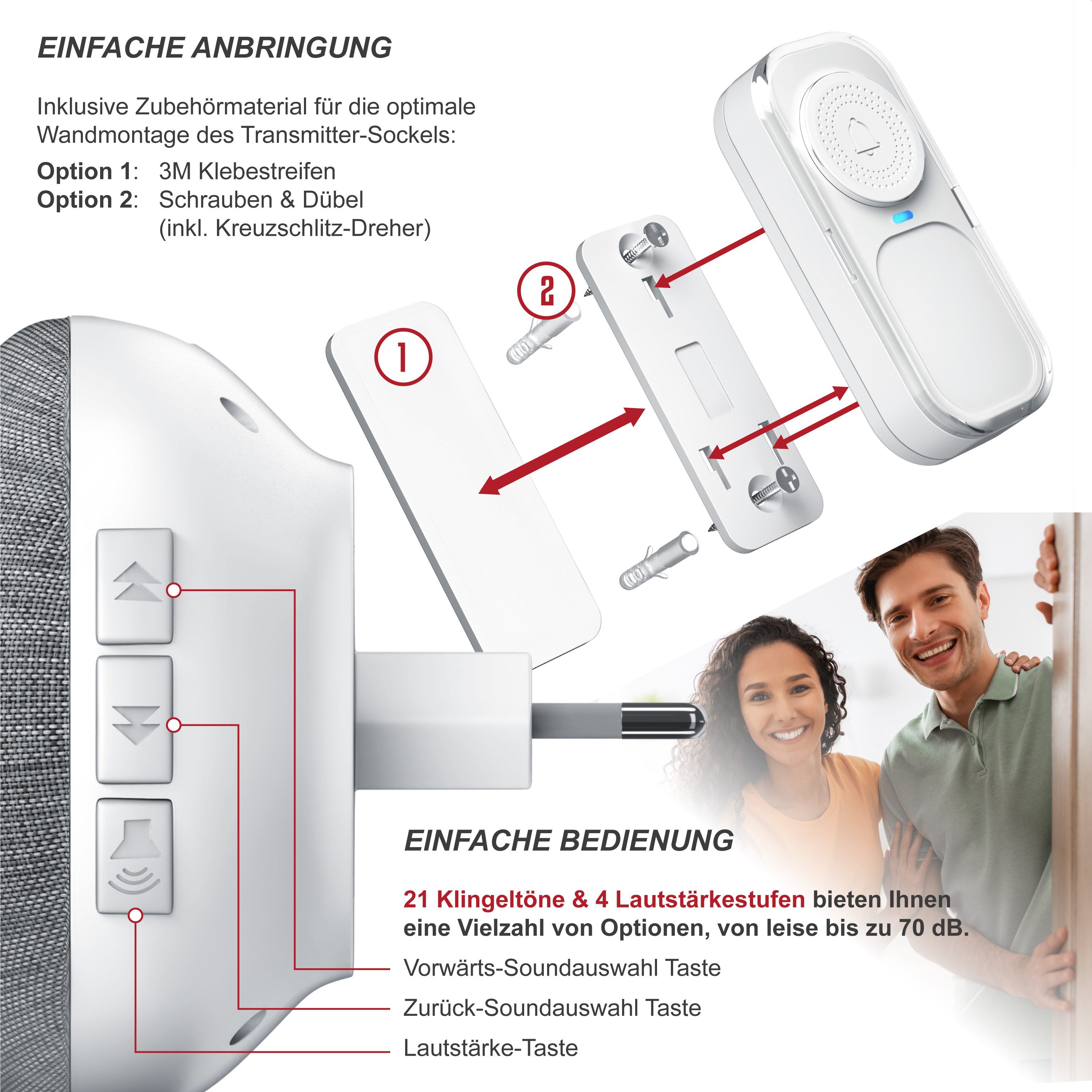 BEARWARE Türklingel-Set Haustür Funk Klingel Set mit Transmitter, Außen, Wasserdicht, IP65, 1 Empfänger, 21 Klingeltöne, (Set, 2-tlg., Klingel; Fernbedienung; Batterien; Montagematerial), 21 Melodien, 4 Lautstärkestufen, satter Klang, für jede Steckdose