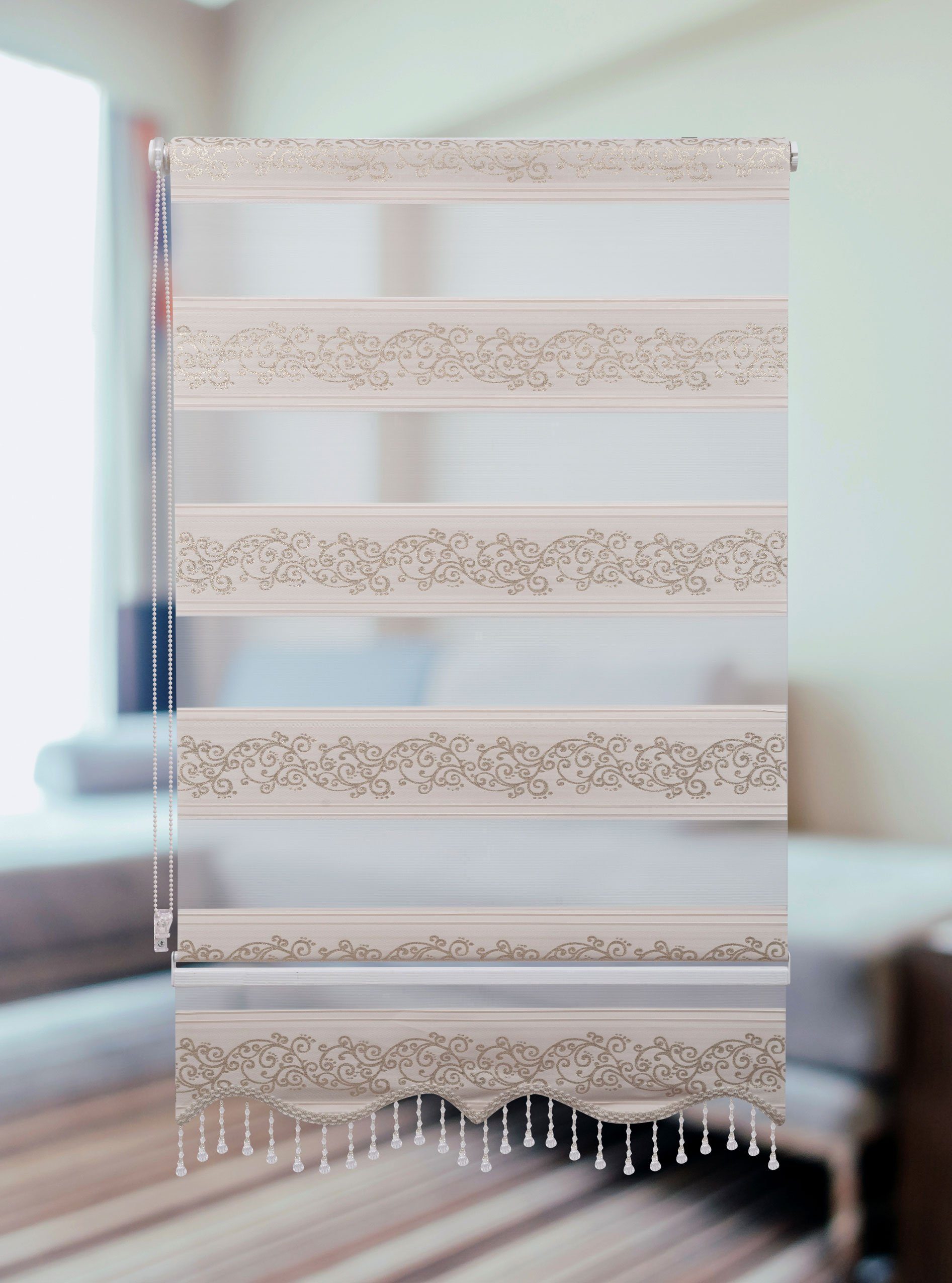 Doppelrollo Doppelrollo Klemmfix ohne Bohren Gold Rankenmuster mit Perlen, günstig online kaufen