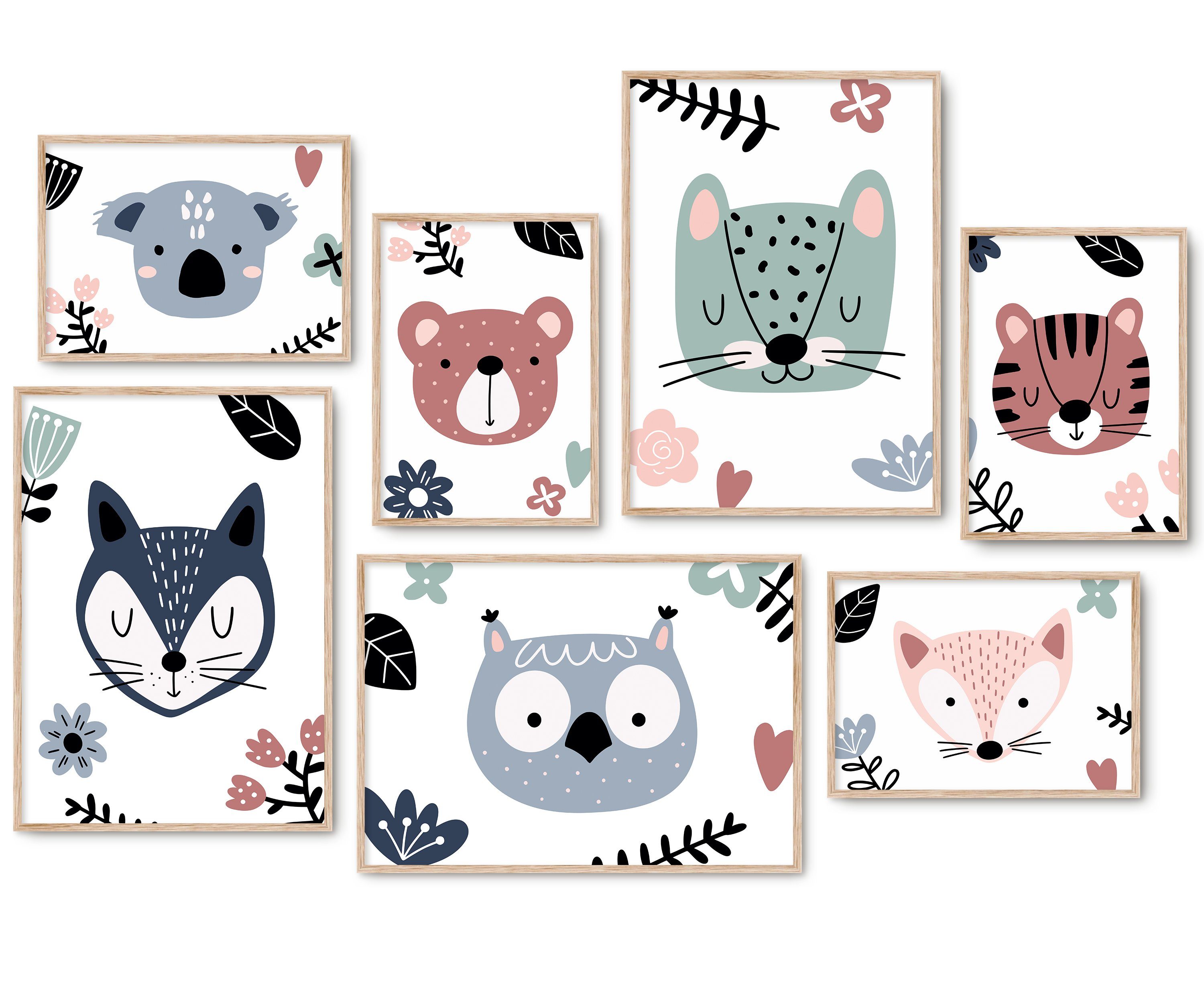 Hyggelig Home Poster Tiergesichter, Premium Poster Set OHNE & MIT Rahmen für Kinderzimmer, Tiere (Set, 7 St), Collage Fuchs & Eule, Qualitätsdruck dickes Papier