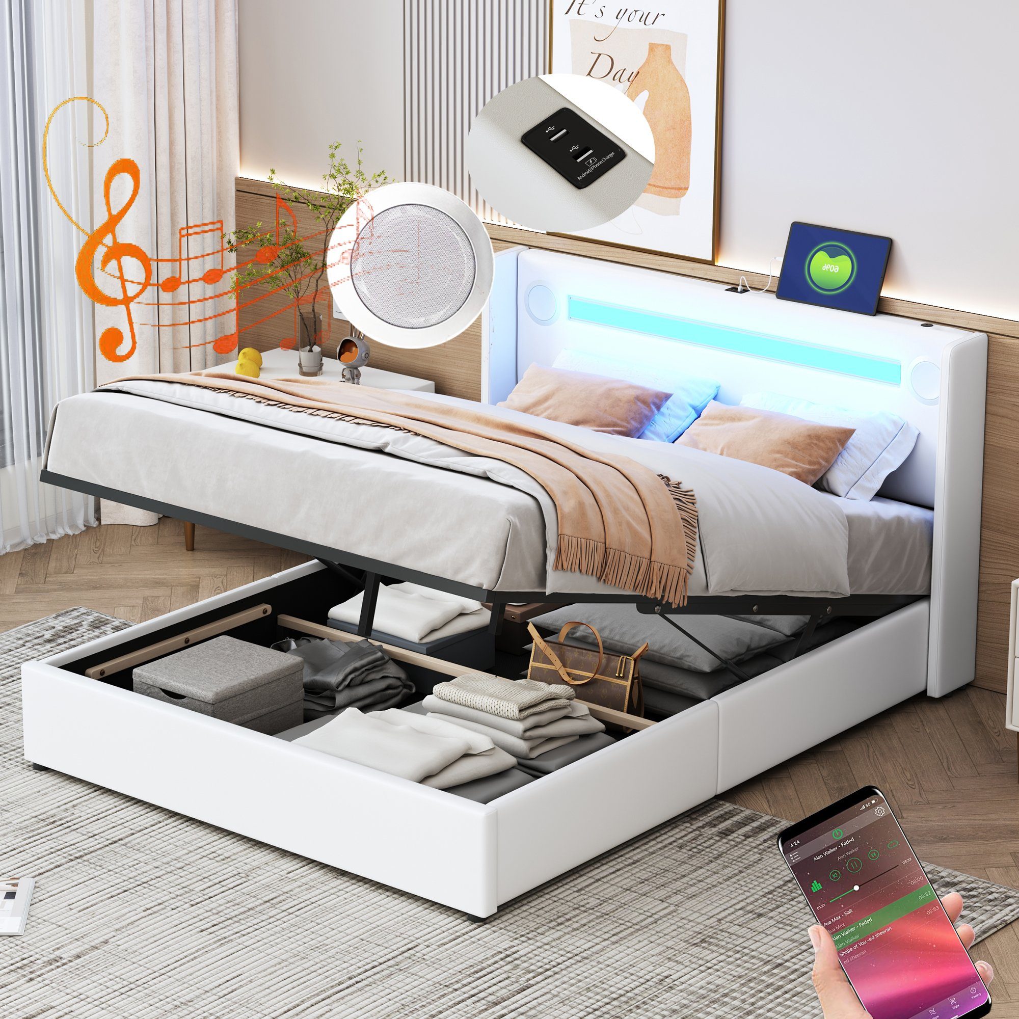 Flieks Polsterbett, LED Beleuchtung/Bluetooth/USB-Aufladen Doppelbett 140x2 günstig online kaufen