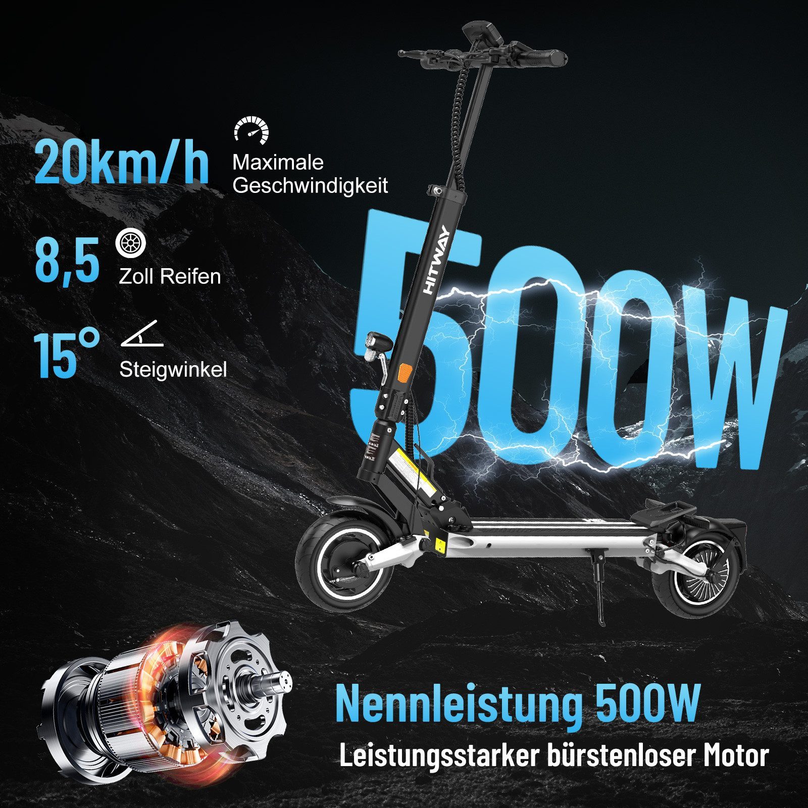 HITWAY E-Scooter Klappbarer Alu-Rahmen, bis 90km, 749Wh, mit Straßenzulassung (ABE), 500 W, 20 km/h, (Mit Schutzblechen), Elektroroller mit APP, Blinker, 2 Schwingarmdämpfer