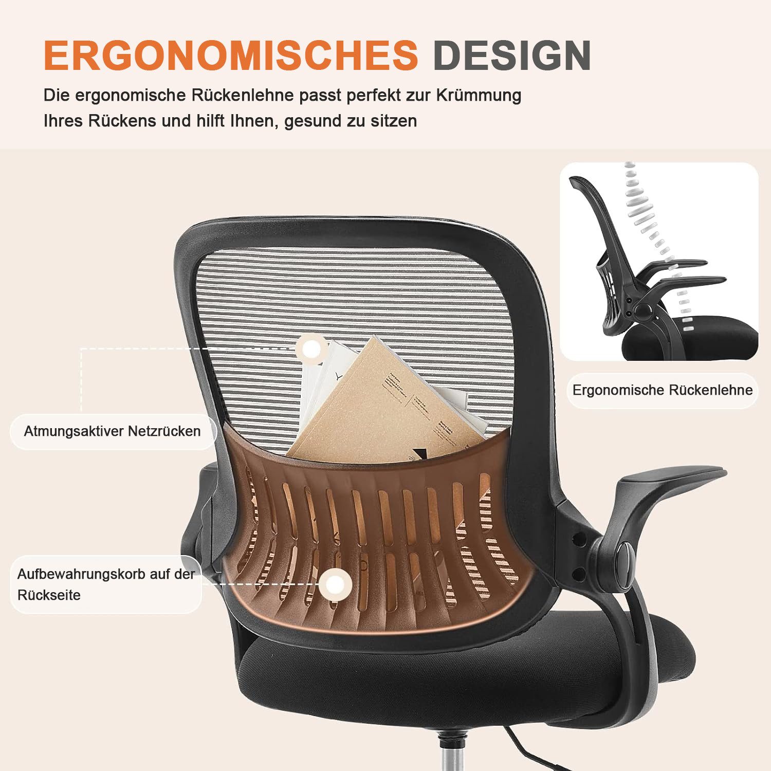 DUMOS Bürostuhl Ergonomisch Schreibtischstuhl mit Lendenwirbelstütze(Schwarz), Verstellbaren Armlehnen Drehstuhl, Höhenverstellbarer Office Chair