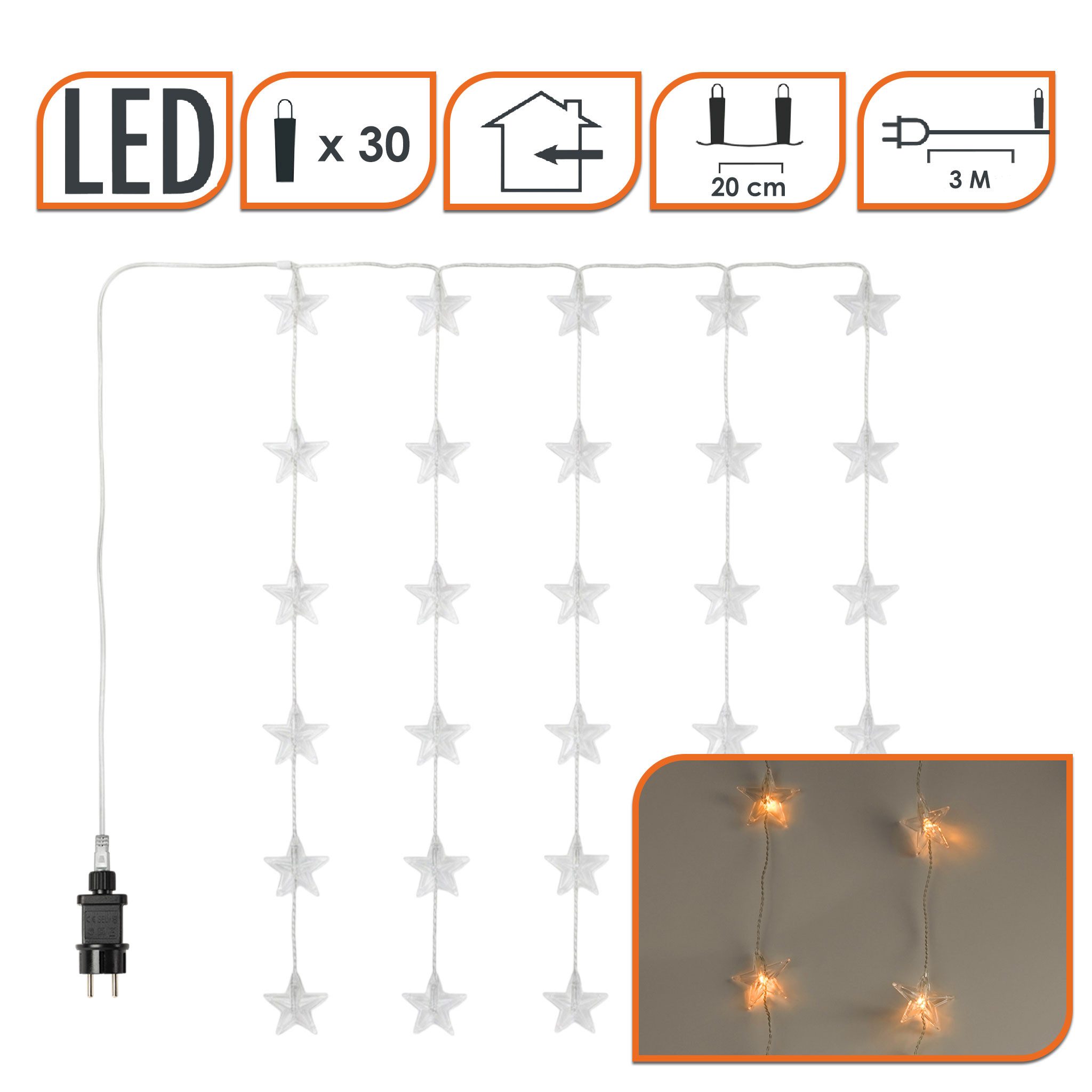 Spetebo LED-Lichtervorhang Sternen Lichtervorhang 30 LED warm weiß - 100 cm, 30-flammig, Weihnachten Fenster Deko Lichterkette Indoor - Netzstecker inklusive – Bild 2 von 5