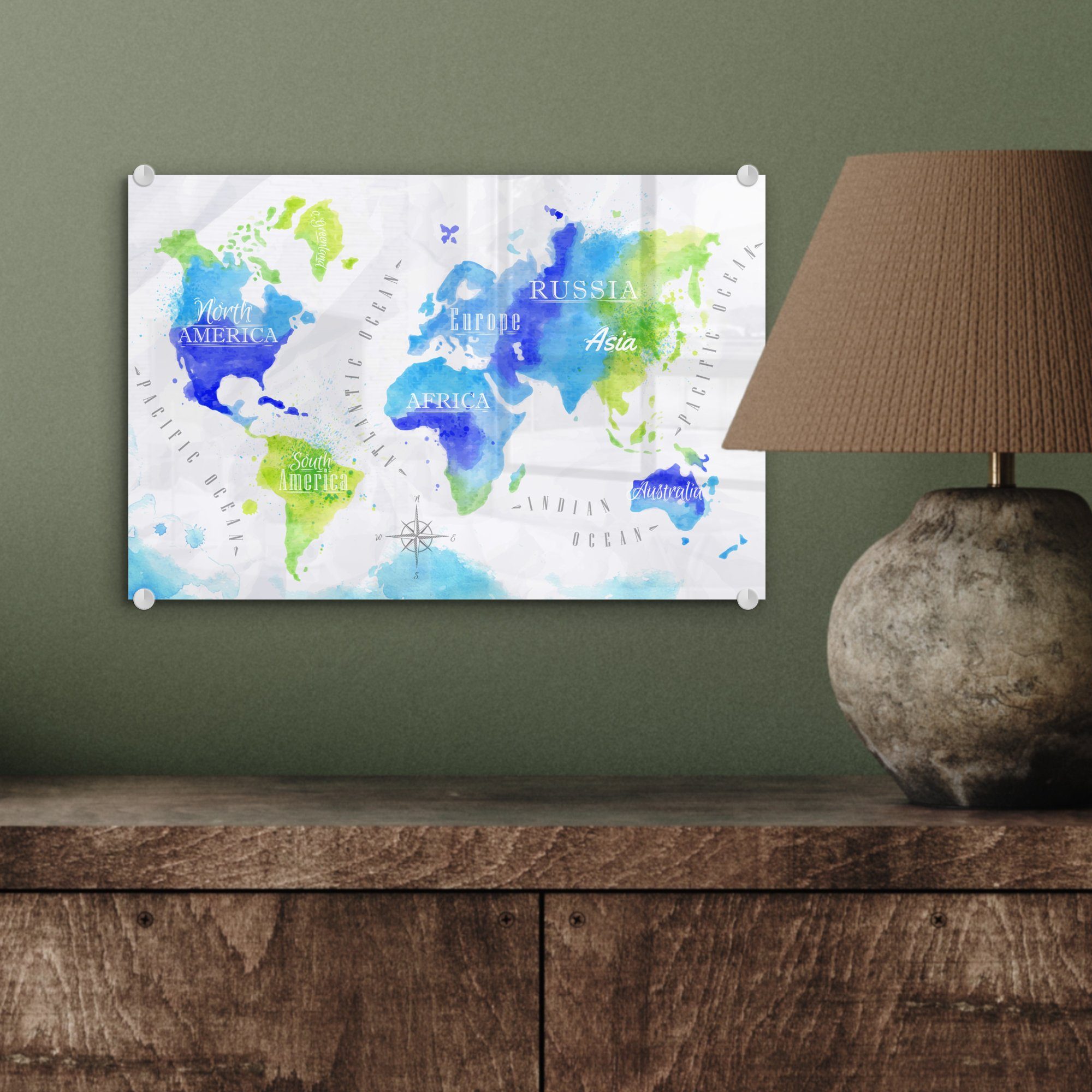 Glas Bilder (1 - Glas Blau, Acrylglasbild auf Wanddekoration - auf Weltkarte - Grün Aquarell - St), - Foto MuchoWow Glasbilder - Wandbild