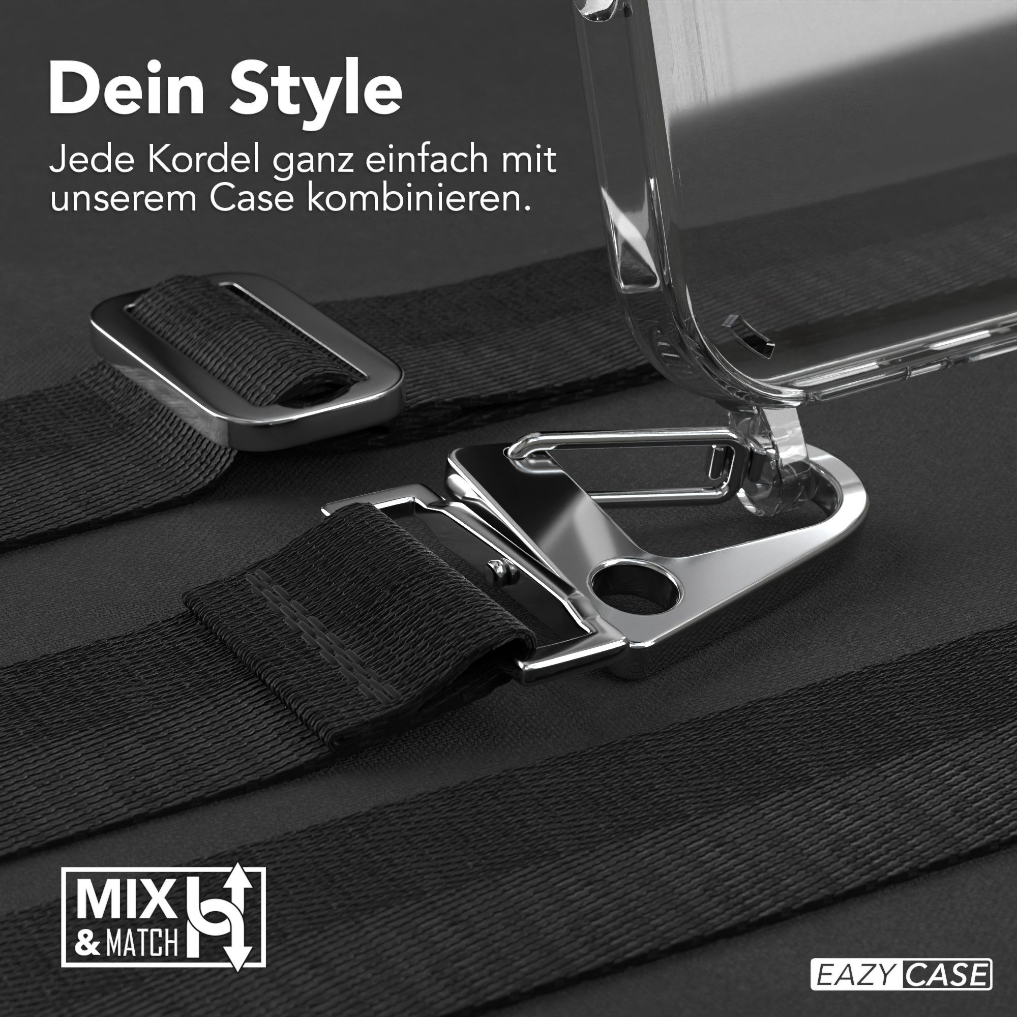 EAZY CASE Handykette Silikon Kette Karabiner für Apple iPhone 16 Pro 6,3 Zoll, Schutzhülle zum Umhängen Handyhülle mit Umhängeband Schwarz Silber