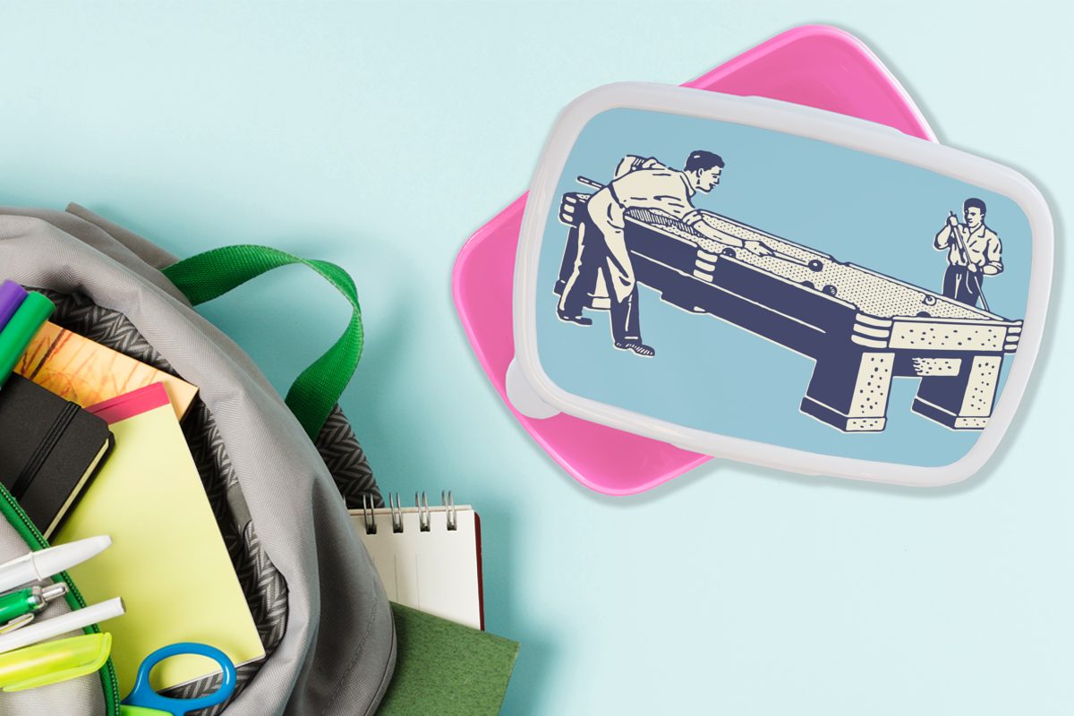 Hintergrund, Brotdose Billardtisches Brotbox (2-tlg), blauen MuchoWow Kinder, Kunststoff einem rosa Kunststoff, eines Illustration vor Snackbox, Mädchen, Eine Lunchbox für Erwachsene,