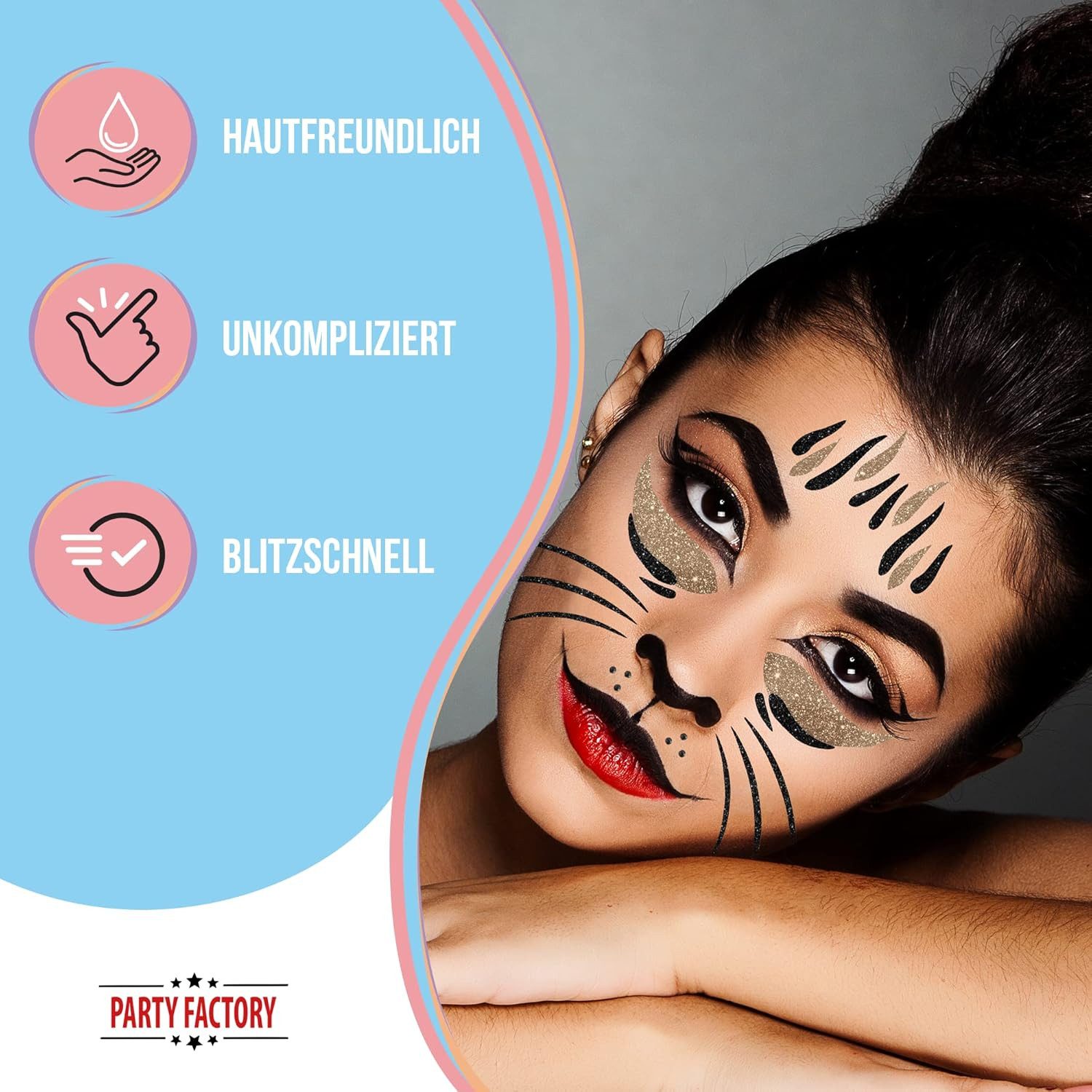 Party Factory Strass-Tattoo Glitter Face Tattoo - Katze für Karneval, Tiermotiv