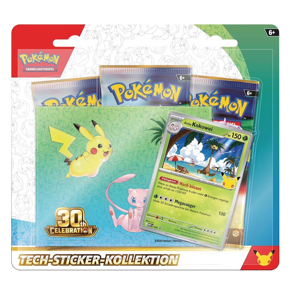 POKÉMON Sammelkarte Kokowei 3 Booster-Packs Pokemon Tech-Sticker-Kollektion deutsch