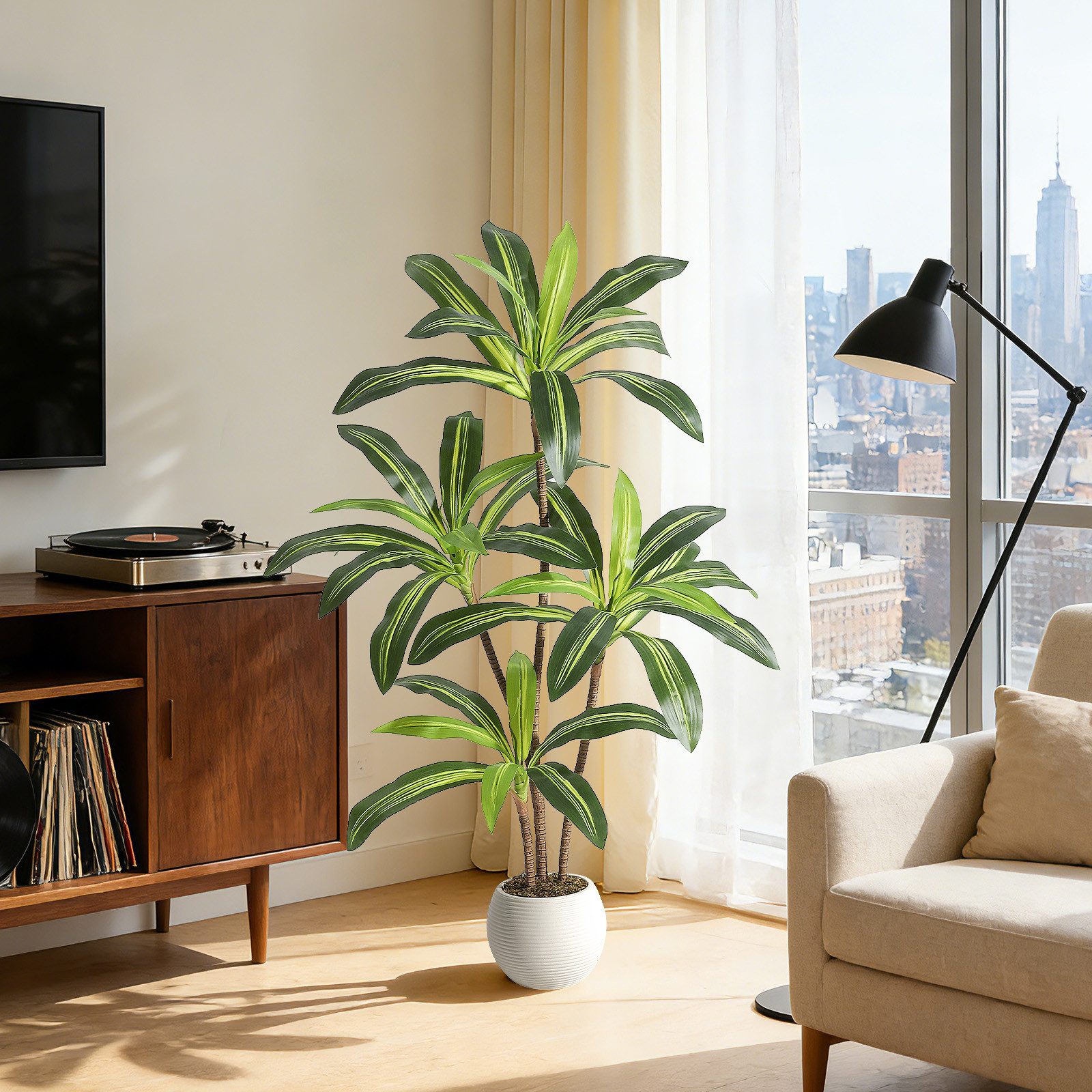 Kunstbaum Künstlicher Dracaena Baum Mit Weißem Hohem Pflanztopf Faux Yucca Pflan, GarveeMore, Höhe 150 cm – Bild 2 von 5