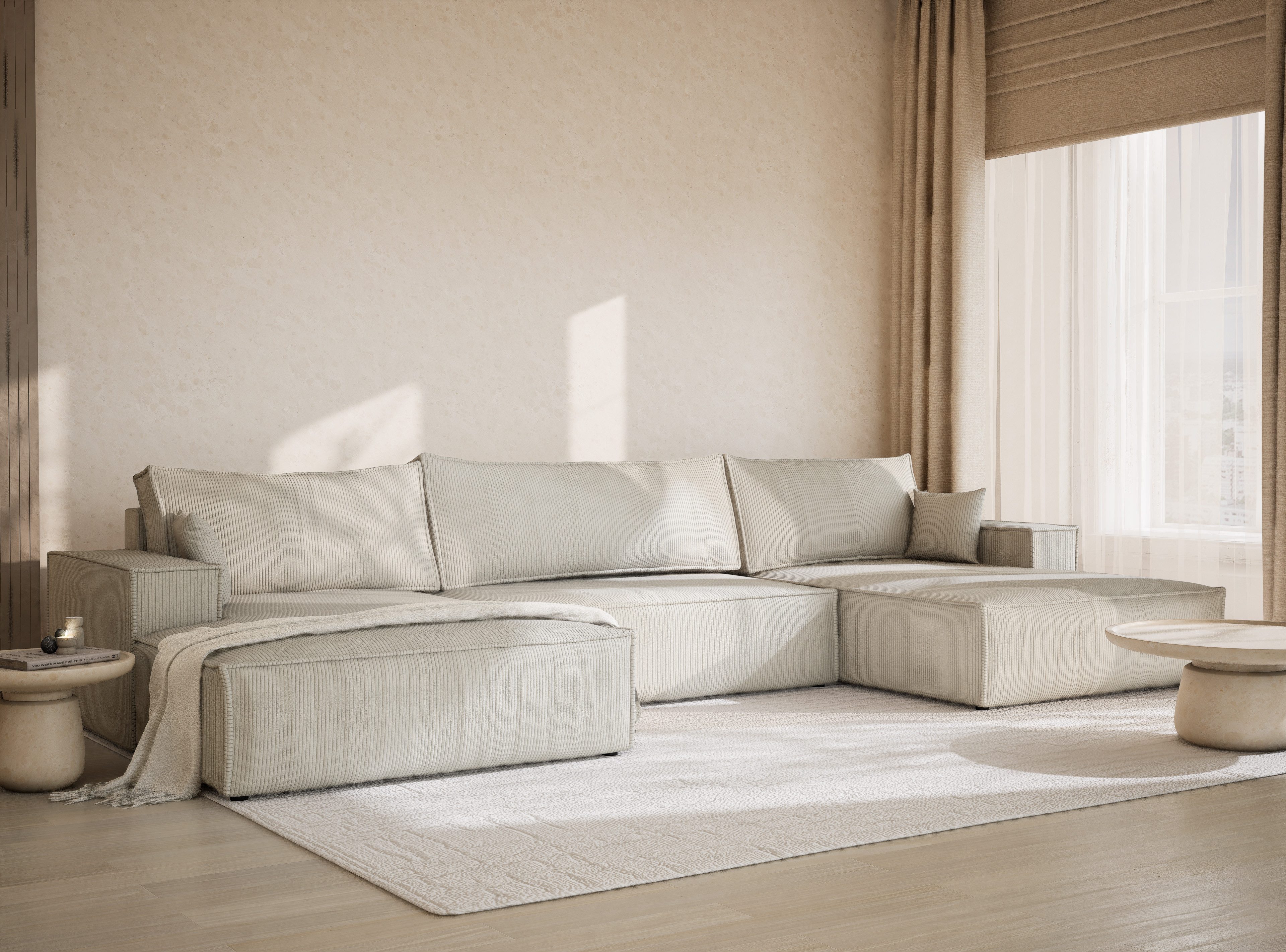 Maison de Rêve Wohnlandschaft Kyoto mit Schlaffunktion, U-Form Sofa mit Bettkasten, Zierkissen, Liegefläche 135x343 cm