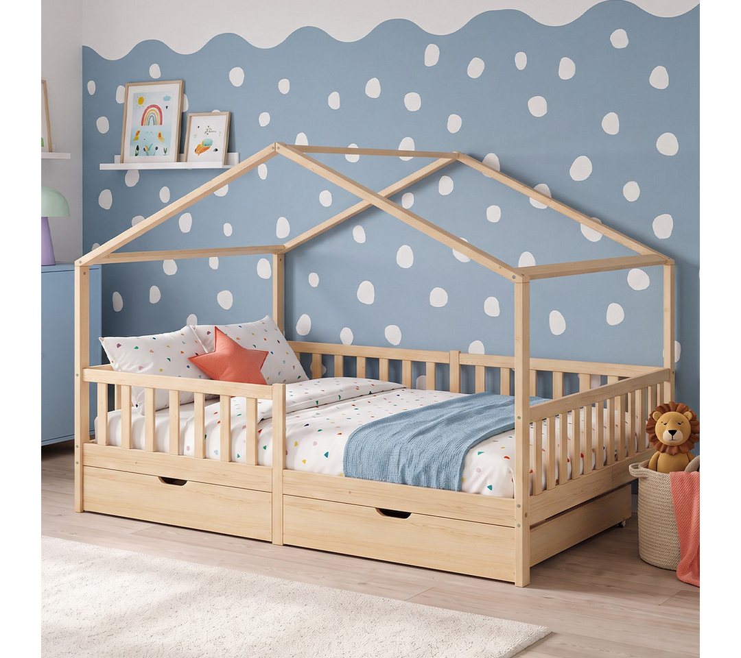 Bellabino Kinderbett Bia mit Rausfallschutz & Lattenrost (natur, mit zwei Schubladen), Kinderbett aus Kiefernholz, verfügbar in 80x160/90/120/140x200 cm
