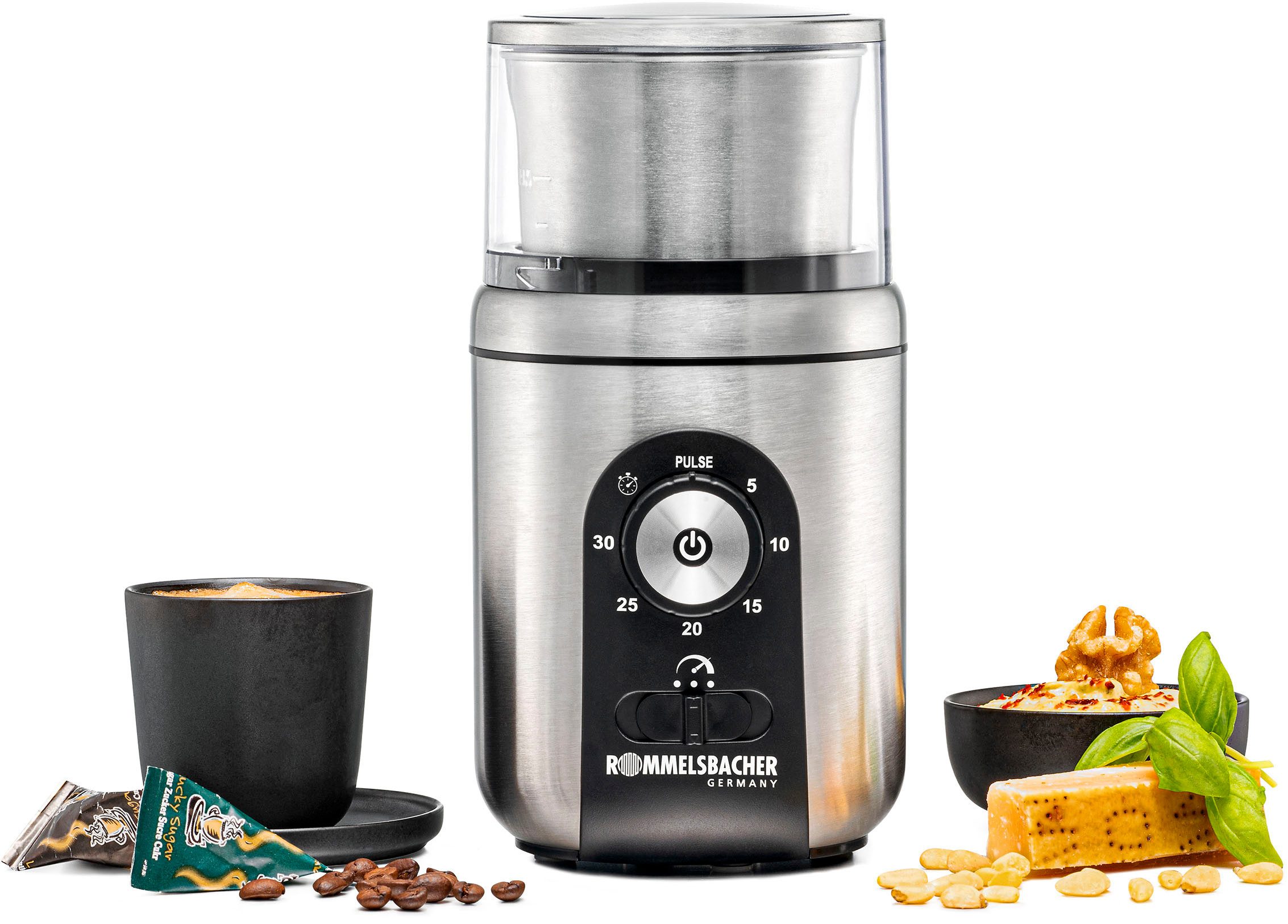 Rommelsbacher Kaffeemühle EGK 250, 200 W, Schlagmesser, 70 g Bohnenbehälter, Kaffee & Gewürz Mühle silberfarben