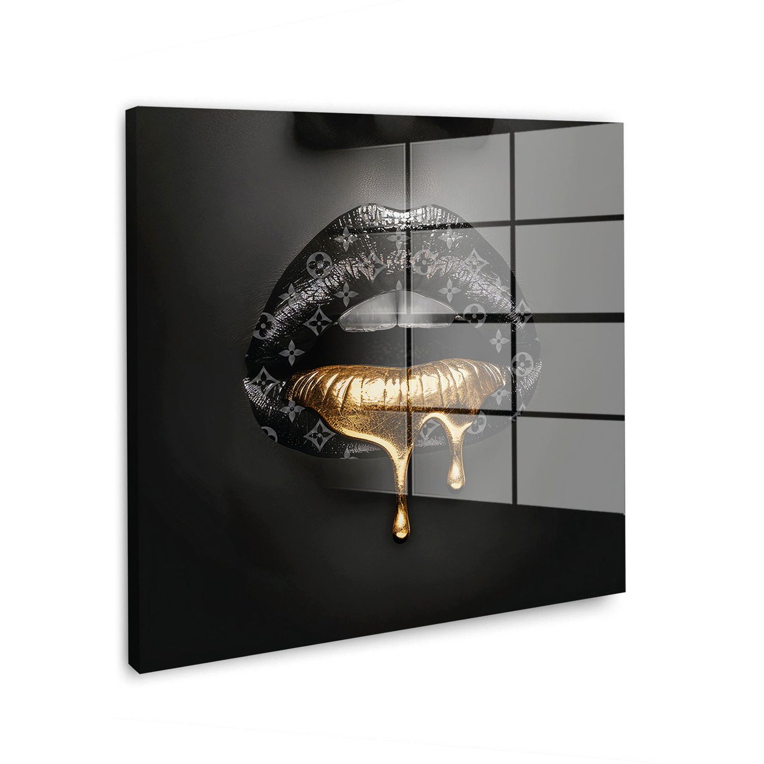 Artedinoi Acrylglasbild Lippen Gold Acrylglasbild Wandbild Fotografie Mund Luxus Schwarz XXL, Schwarze Lippen mit goldenem, tropfendem Lippenstift
