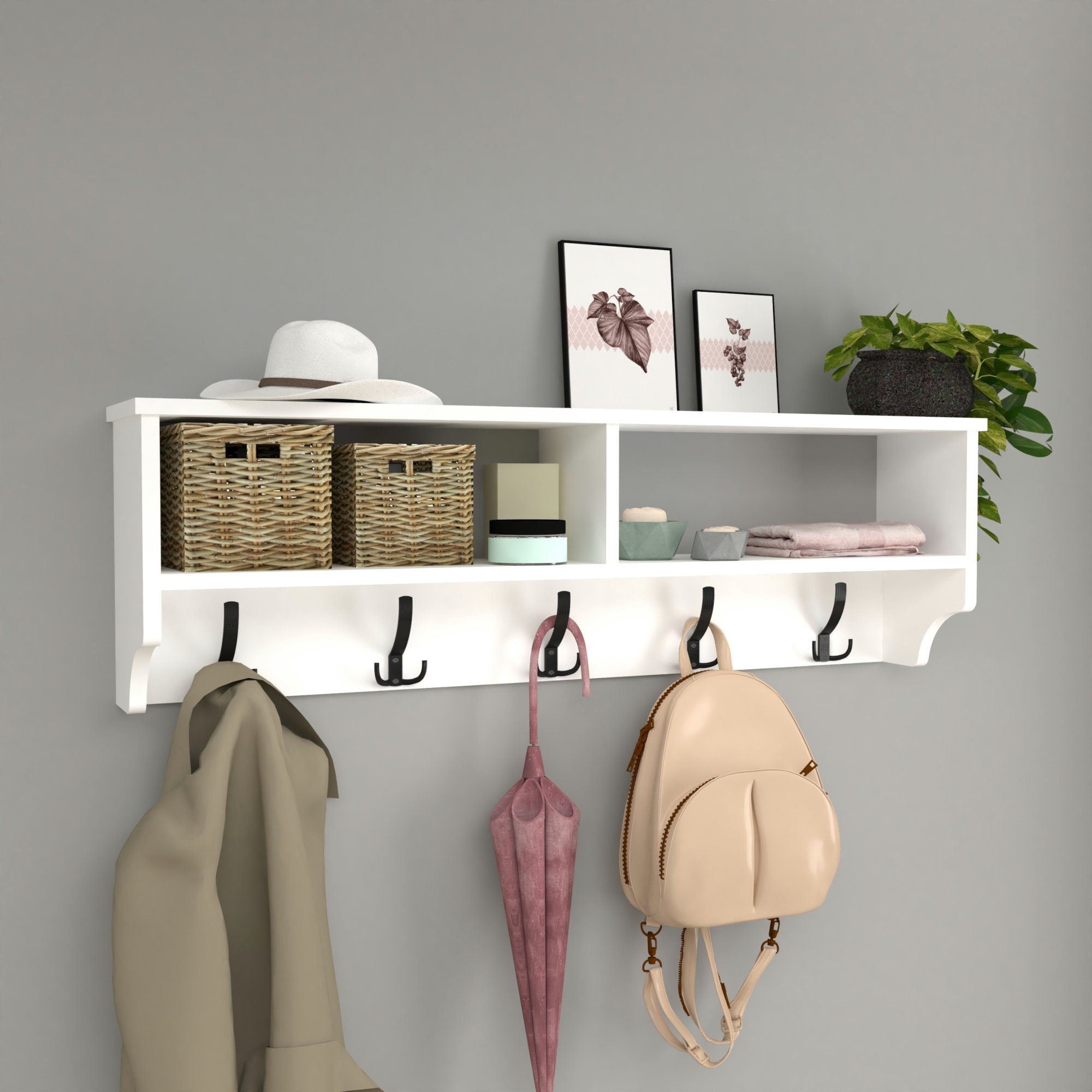 en.casa Wandgarderobe, »Åstorp« Wandregal 120x22x37cm mit Haken, 2 Ablagefä günstig online kaufen