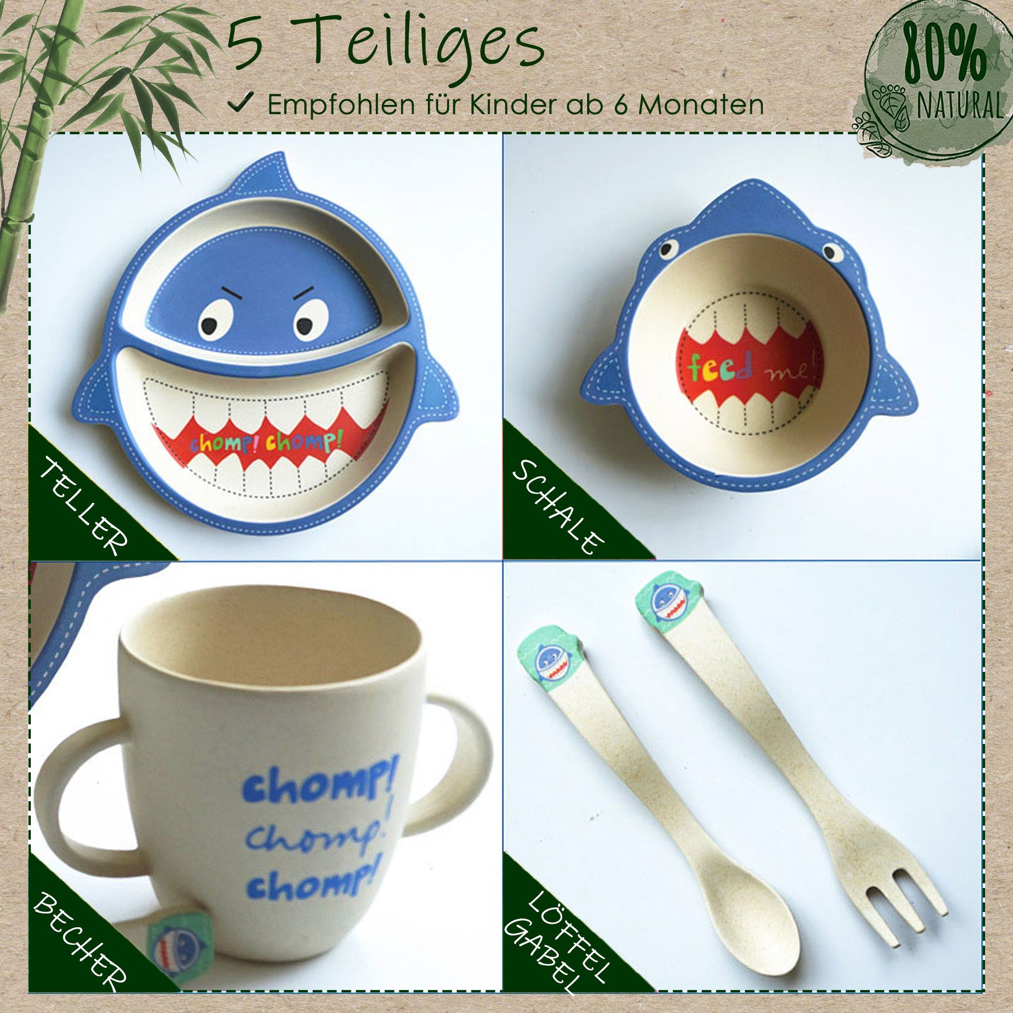 GOLDEN Kindergeschirr-Set Kindergeschirr-Set 5 Teile aus Bambusfaser und Maisstärke, Teller