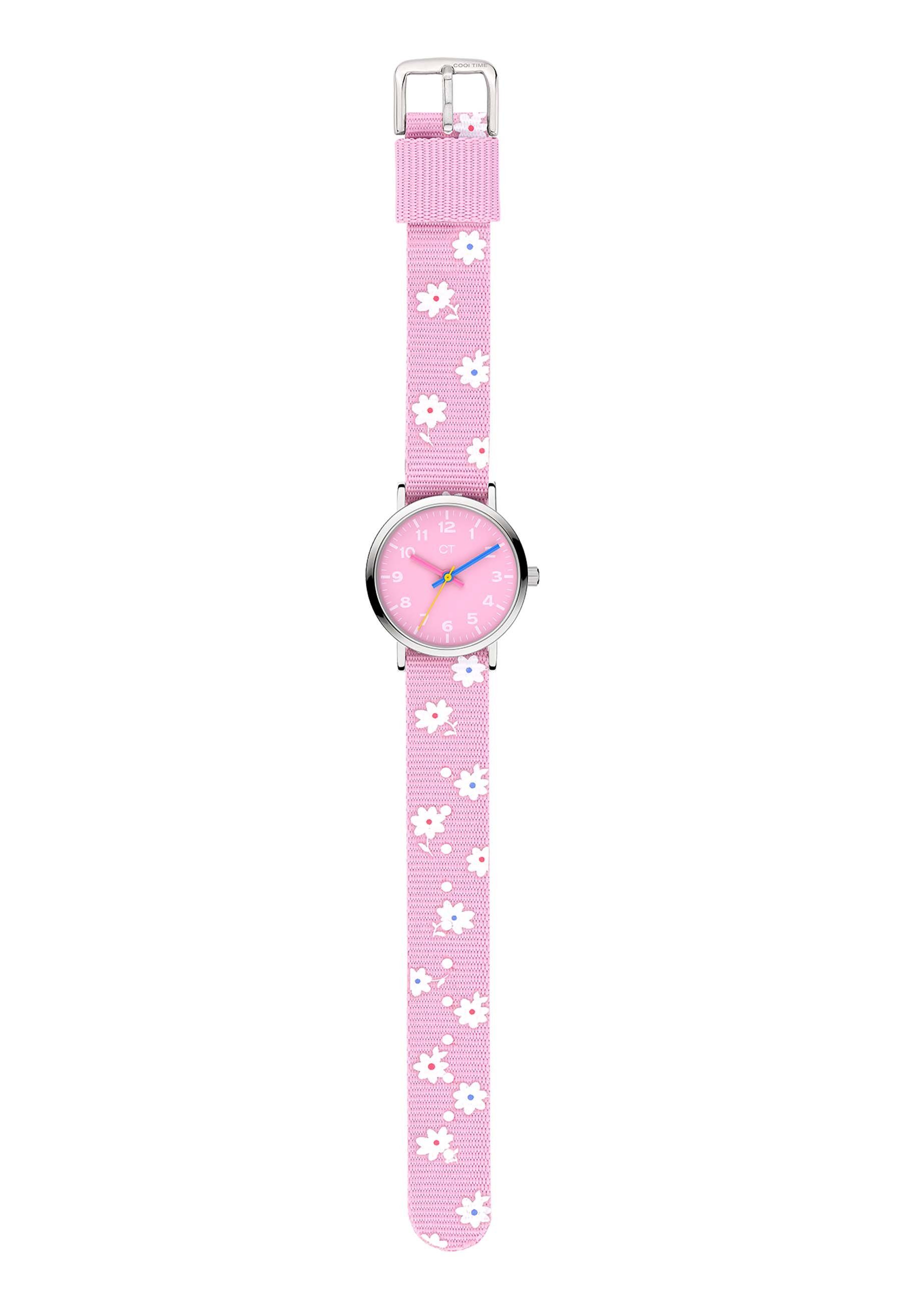 COOL TIME Armbanduhr, Textilband 195 Quarzuhr Blumen-Print; Komfortables, mit mm Länge: widerstandsfähiges