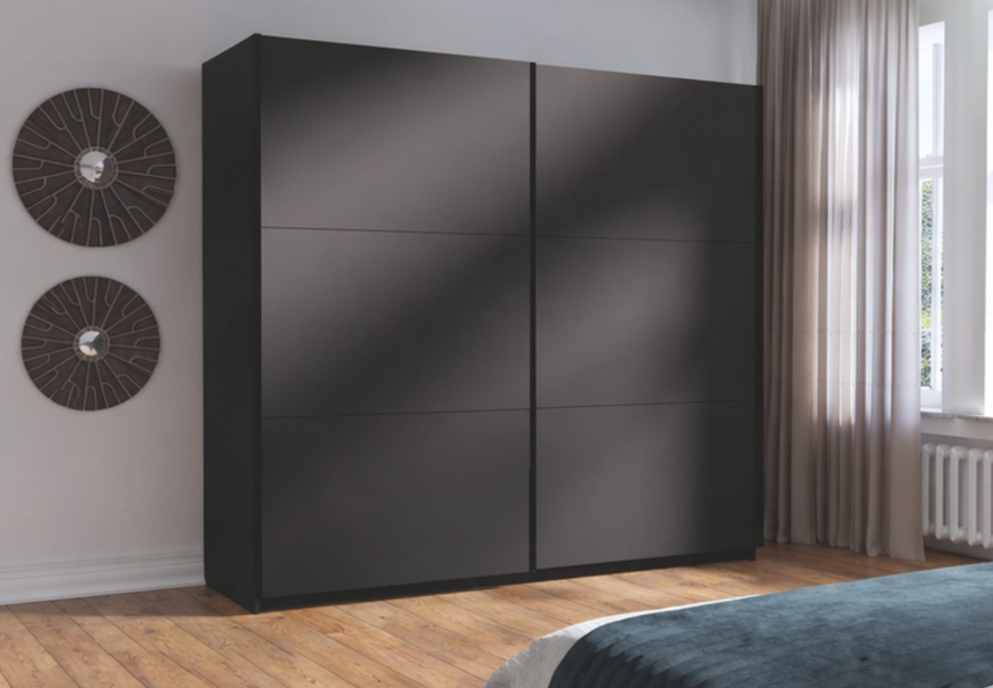 Home Collective Schwebetürenschrank Kleiderschrank Schlafzimmerschrank Garderobe wahlweise mit Spiegel (Maße B/H/T: 200,6 x 207 x 60 cm) 5 Böden & Kleiderstange für viel Stauraum, Graphit