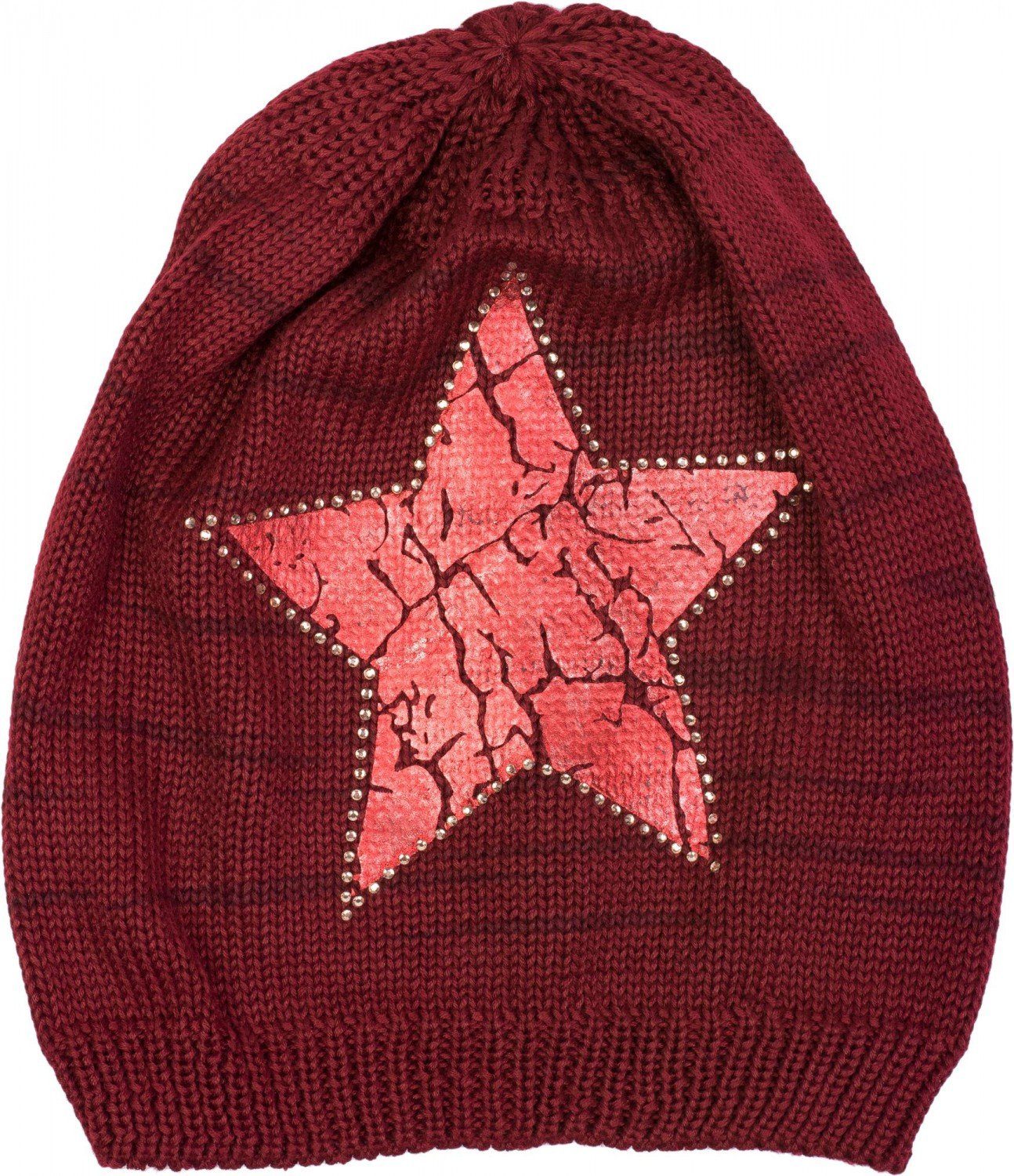 (1-St) Bordeaux-Rot Strass Beanie mit Feinstrick styleBREAKER & / Stern Rot Strickmütze