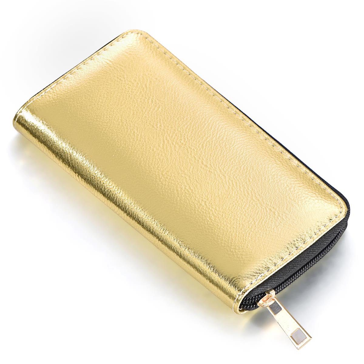 DonDon Geldbörse Portemonnaie Geldbeutel weich 20 x 10 x 2,5 cm (Packung, 1-tlg), Geldbörse für Damen und Mädchen, Metallic-Look, mit Reißverschluss gold metallic