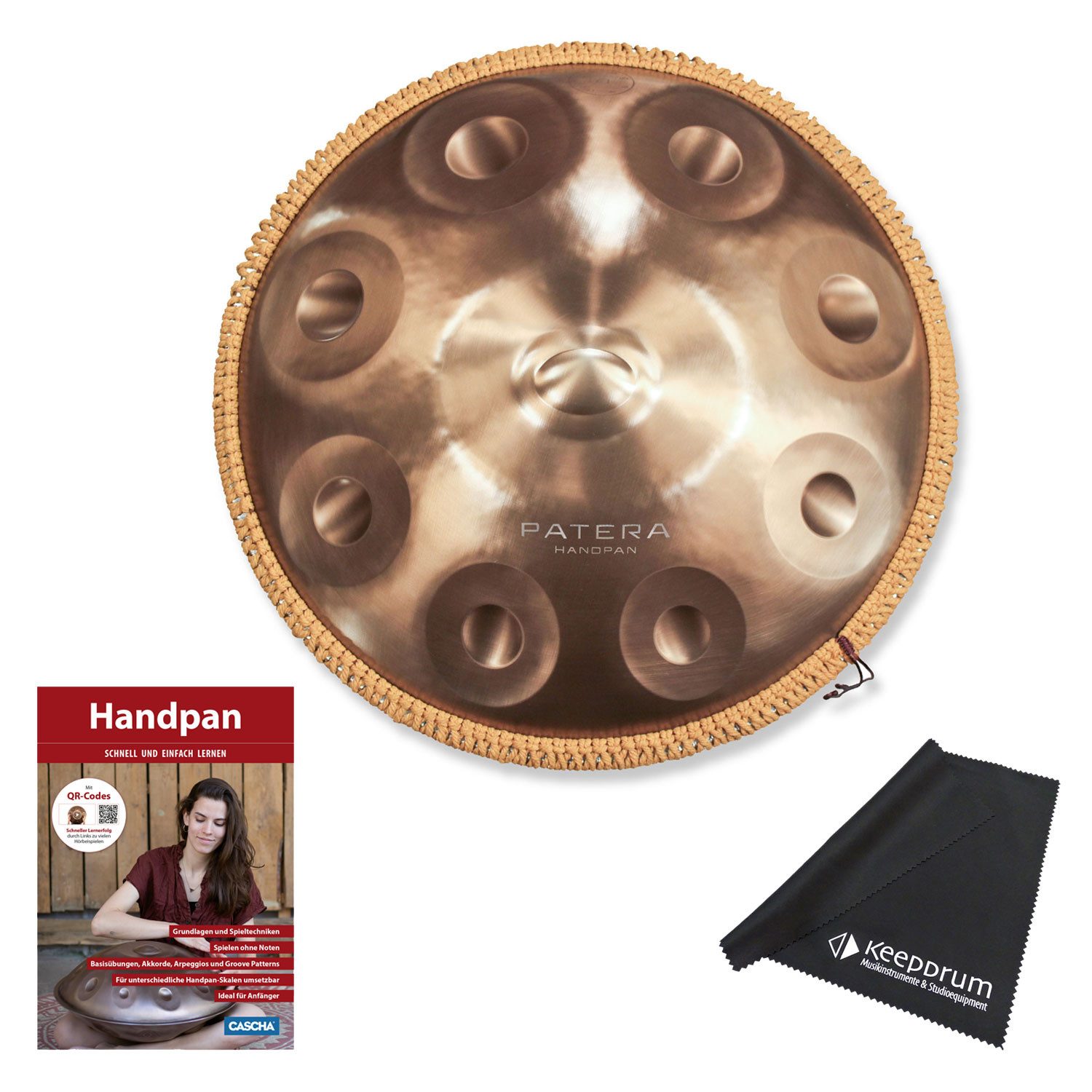 Patera Handpan Patera Handpan HPDM-10 Compact Edelstahl D-Kurd mit Lehrbuch,Vorteils-Set mit Lehrbuch und Tuch, Handpan