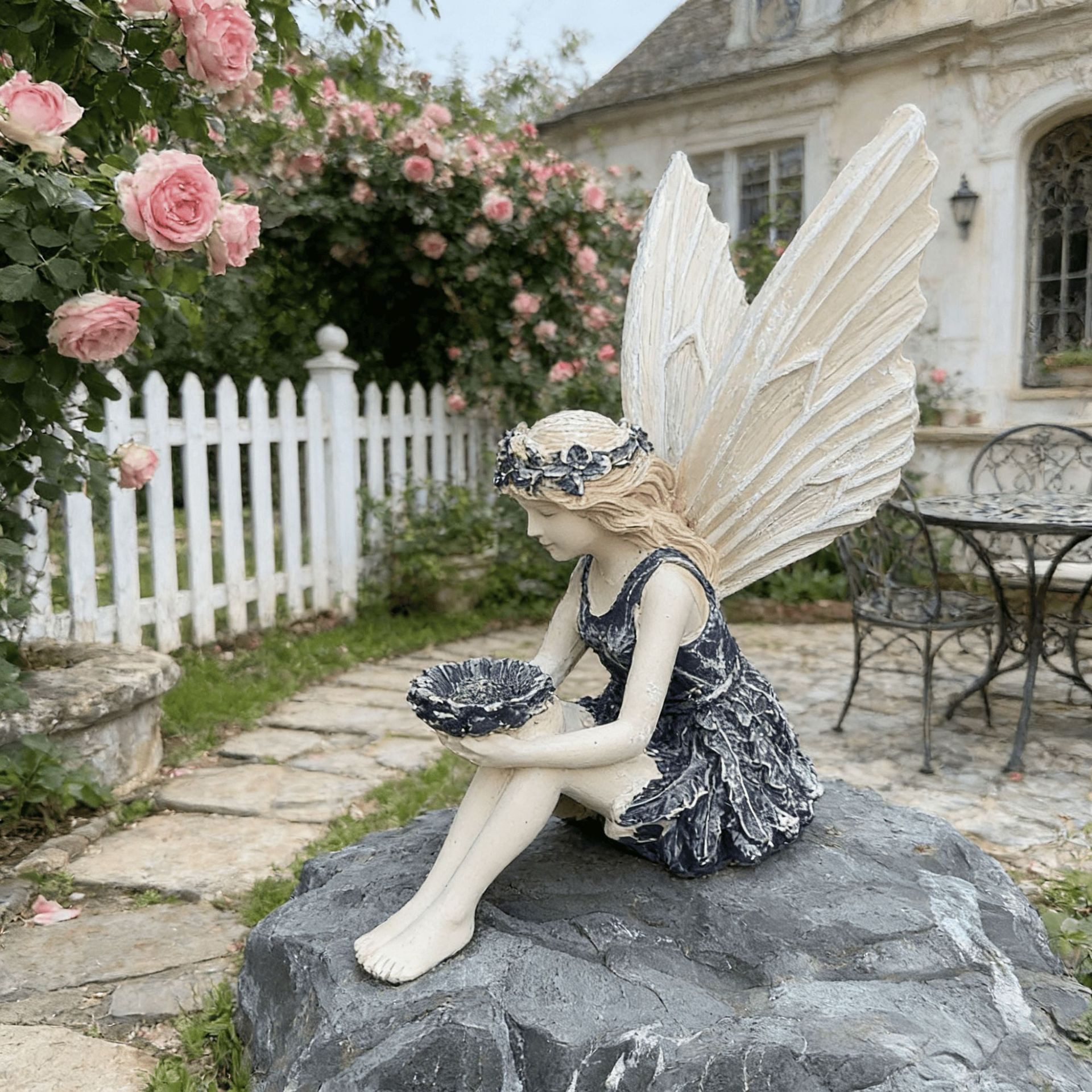 FOUORTUNATE-BEE Gartenfigur Gartenfigur Mädchen sitzend Vogeltränke Deko Skulptur Resin, Deko Gartenfigur sitzendes Mädchen Vogeltränke für Garten Balkon